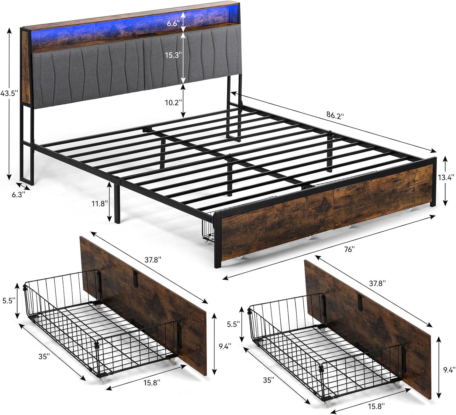 COMHOMA King Bed Frame with Headboard and Storage Drawers, Charging Station, Modern Platform Metal Frames with Wood Accents, No Box Spring Needed, Quiet and Sturdy Structure - Image 2