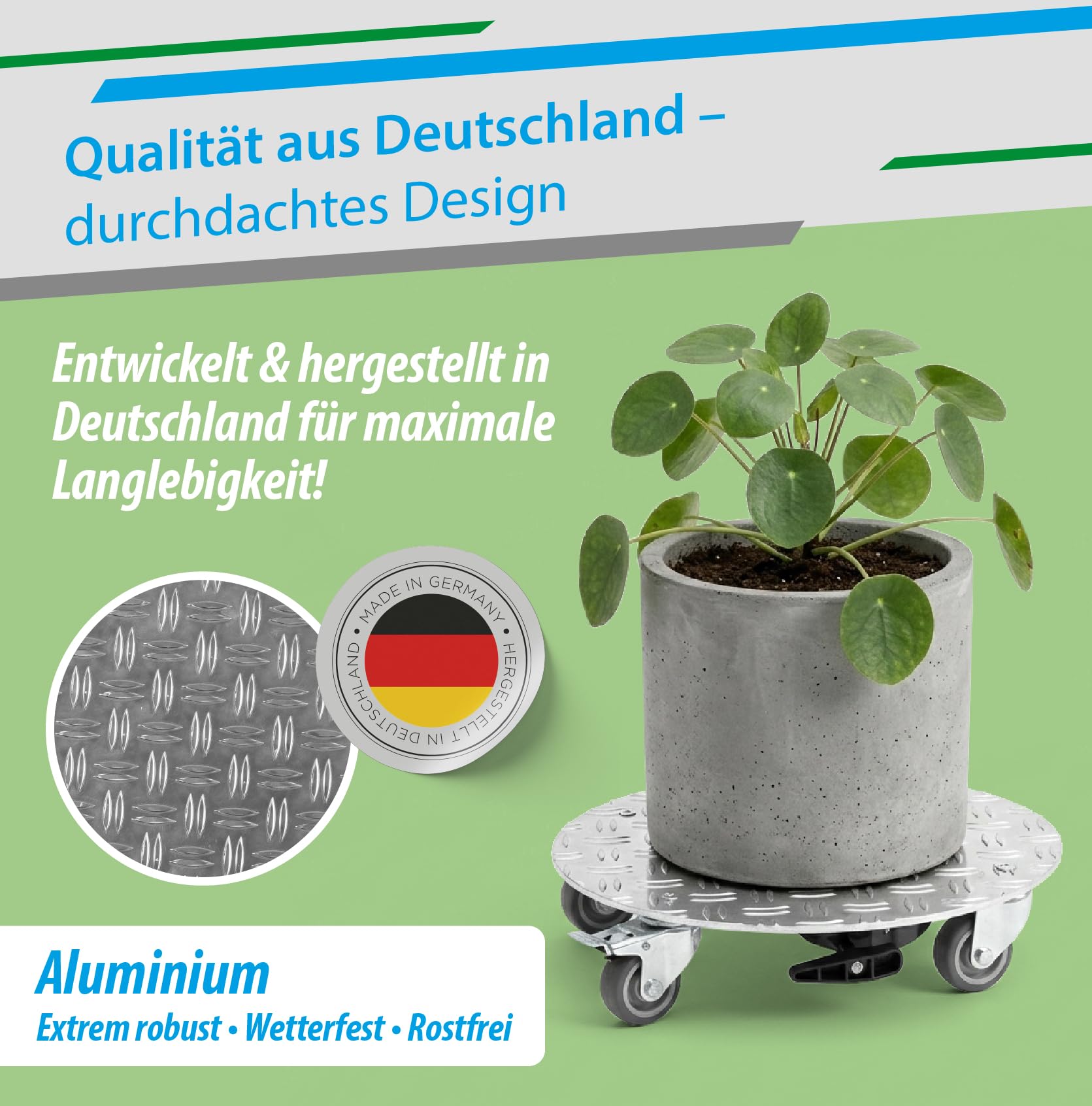 PlantMOVER Pflanzenroller mit Seilzug - 150kg Tragkraft 32,5cm rund - mit robusten Rollen - aus Aluminium-Riffelblech für besten Grip - Rollbrett für Pflanzen - Einfach ziehen Made in Germany