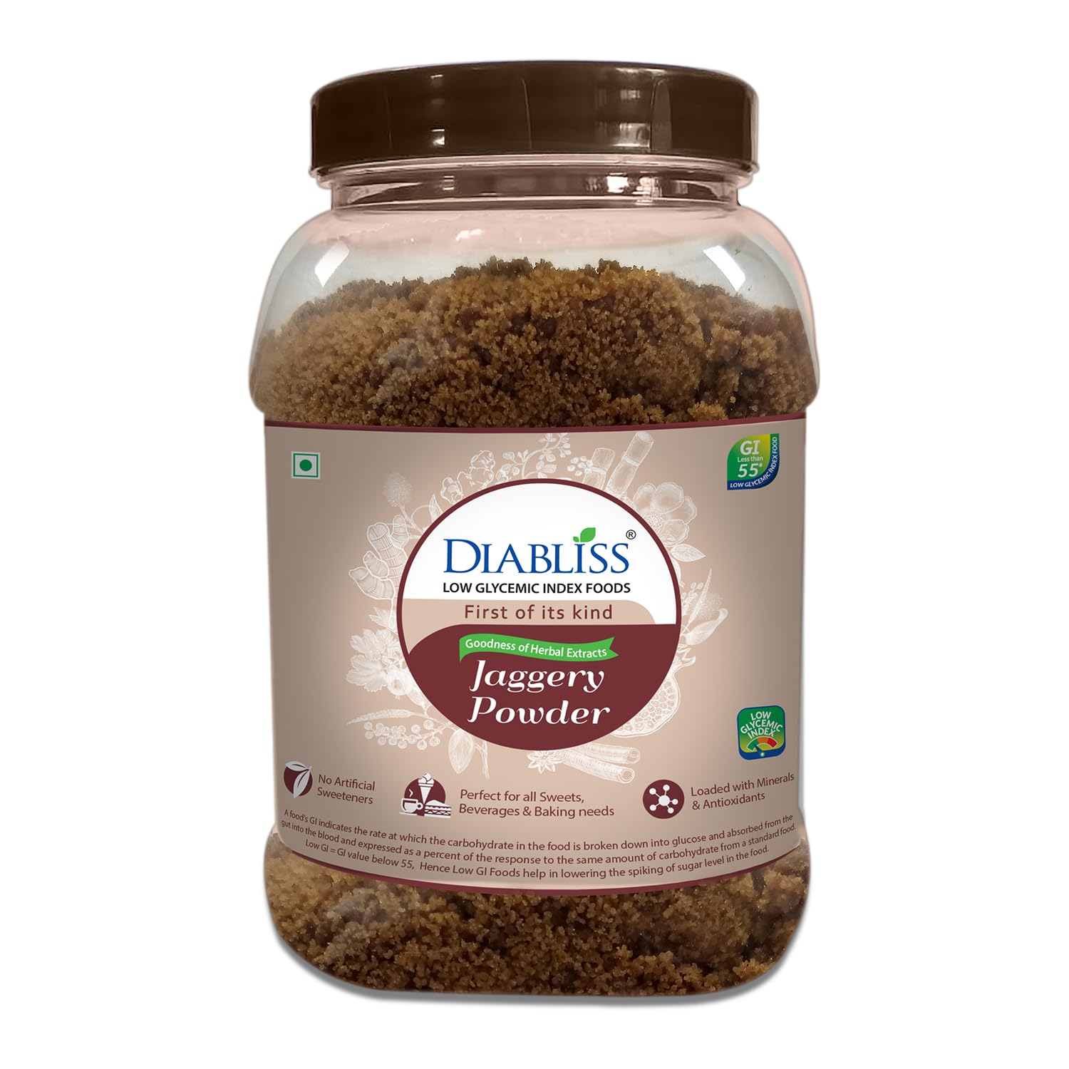 Diabliss Herbal Jaggery Powder – Low GI, Natural & Chemical-Free Sweetener | 17-Herb Fortified | Hygienically Processed & Trusted Worldwide | 750g Reusable Jar