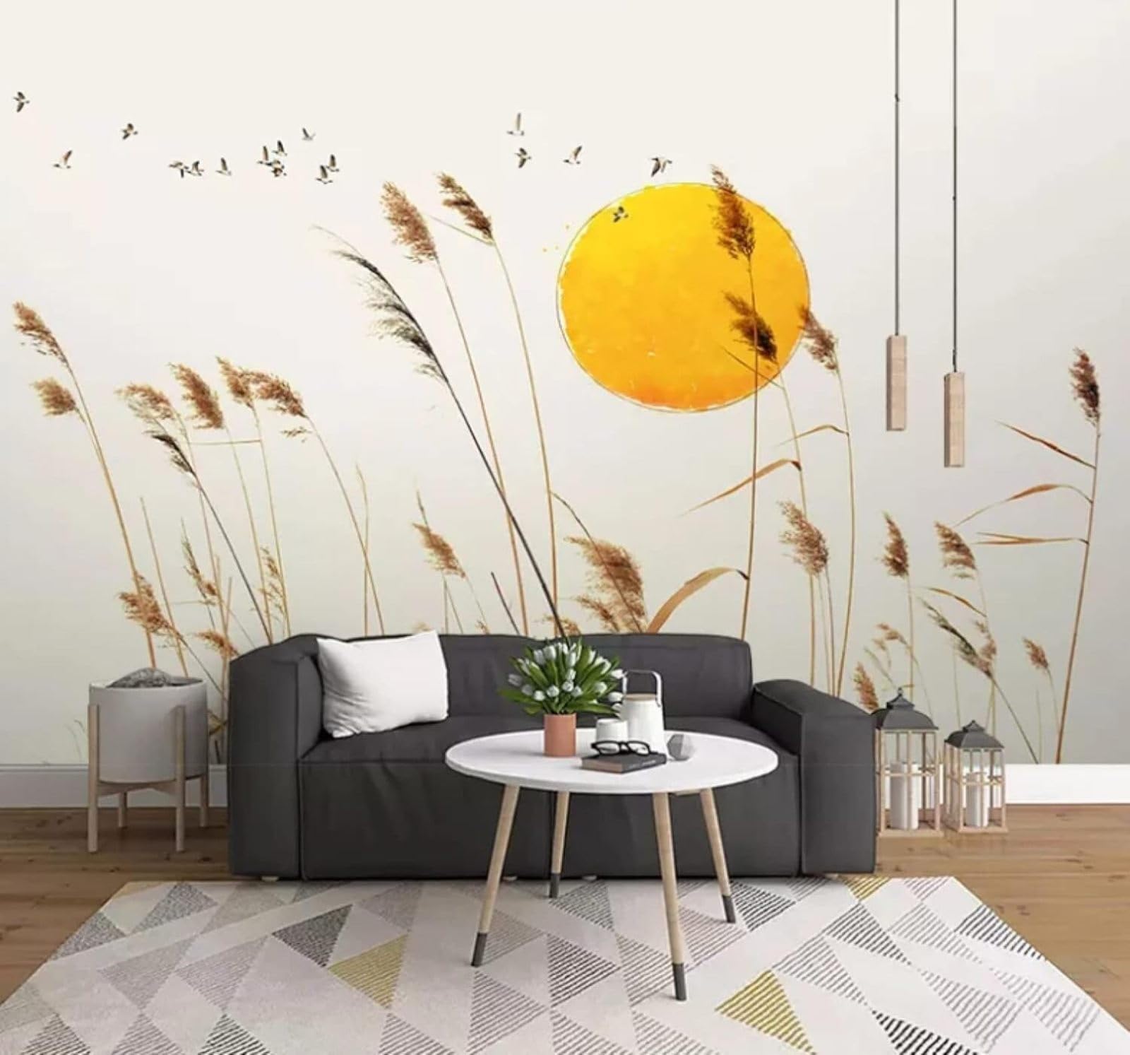 Xlming 400Cm×280Cm(B×H) Minimalist Hand Drawn Reeds Birds In Flight Sun 3D Wallpaper Luxury Silk Study Dining Feature Sofa Grey Bedroom Living Room Tv Decorative Wall-400Cm×280Cm