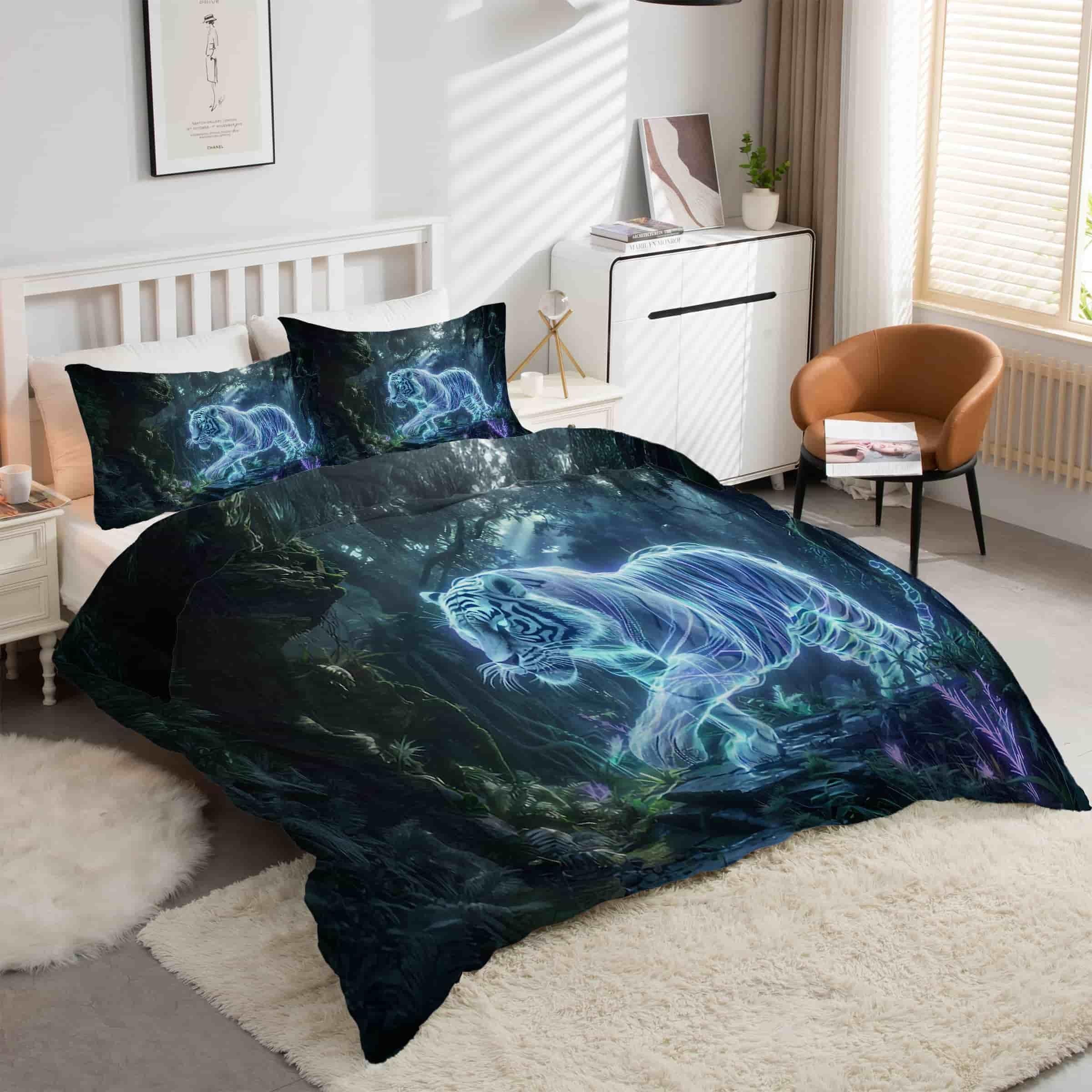 Housse de couette tigre 240x260 anti-plis en microfibre douce avec fermeture éclair zip