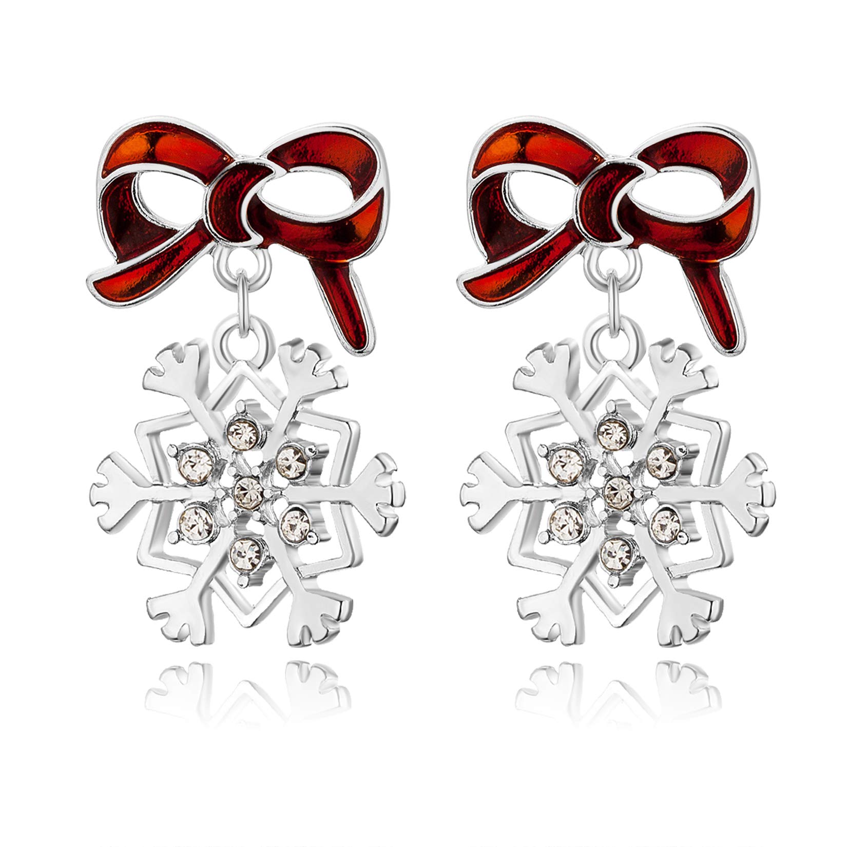 RareLoveRed Bowknot with Snowflake Christmas Piercing Dangle Stud Earrings CZ Rhinestone Silver Plated Alloy Holiday Jewelry For Women Girls