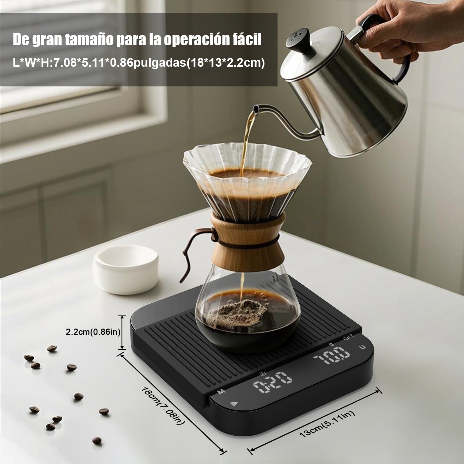 Diyife - Báscula de café de precisión de 0,1 g con temporizador, báscula recargable de espresso de 3 kg/0,1 para café vertido, báscula digital con pantalla LCD retroiluminada, tara automática