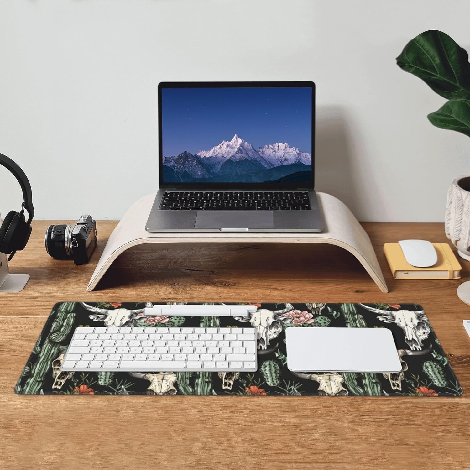 Famame Laptop Mouse Pad Flowers Cactus Bull Skull Desk Mat with Stitched Edges 31.5X 11.8 inch Non-Slip Large Keyboard Rubber Writing Table Mat for Office Home - Image 4