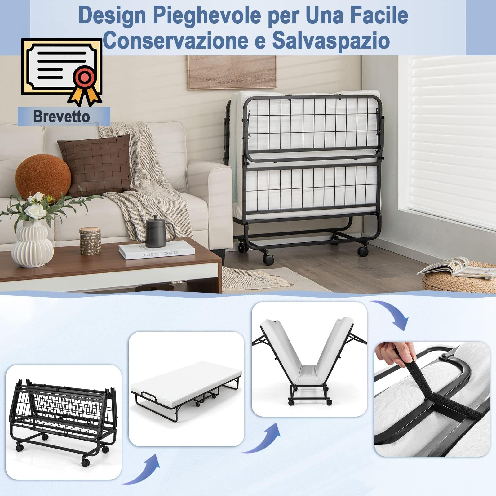 COSTWAY Brandina Pieghevole con Materasso Memory Foam | Letto Pieghevole con Struttura Robusta in Metallo e 4 Ruote, Portatile per Casa Ufficio, Capacità di Carico 180 kg