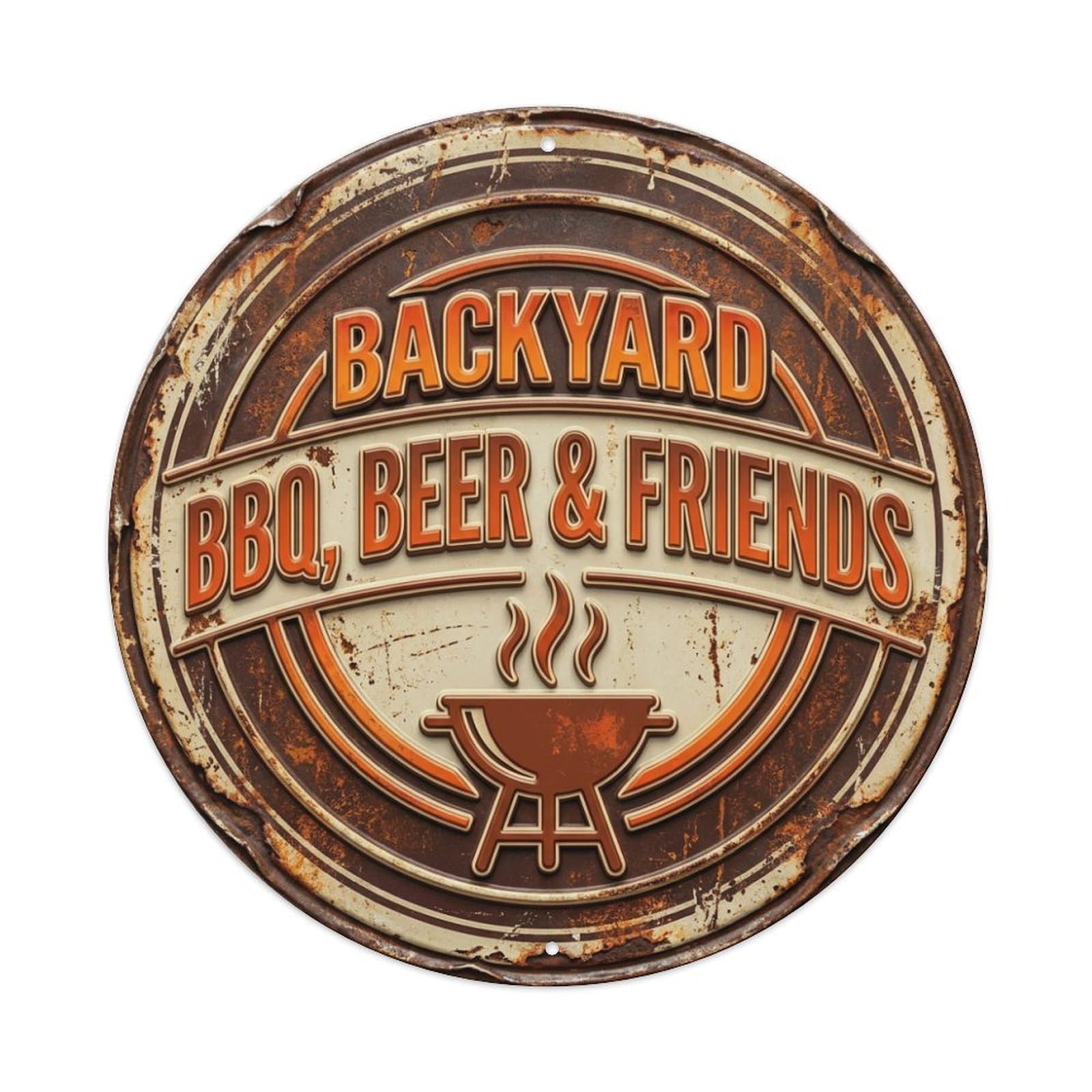Backyard Bbq Beer Friends Nostalgic Hanging Ornament Retro Slogans Vintage Metal Tin Sign Plaque Wall Decor for Cafe, Club, Garden Round Metal Poster 8x8Inch