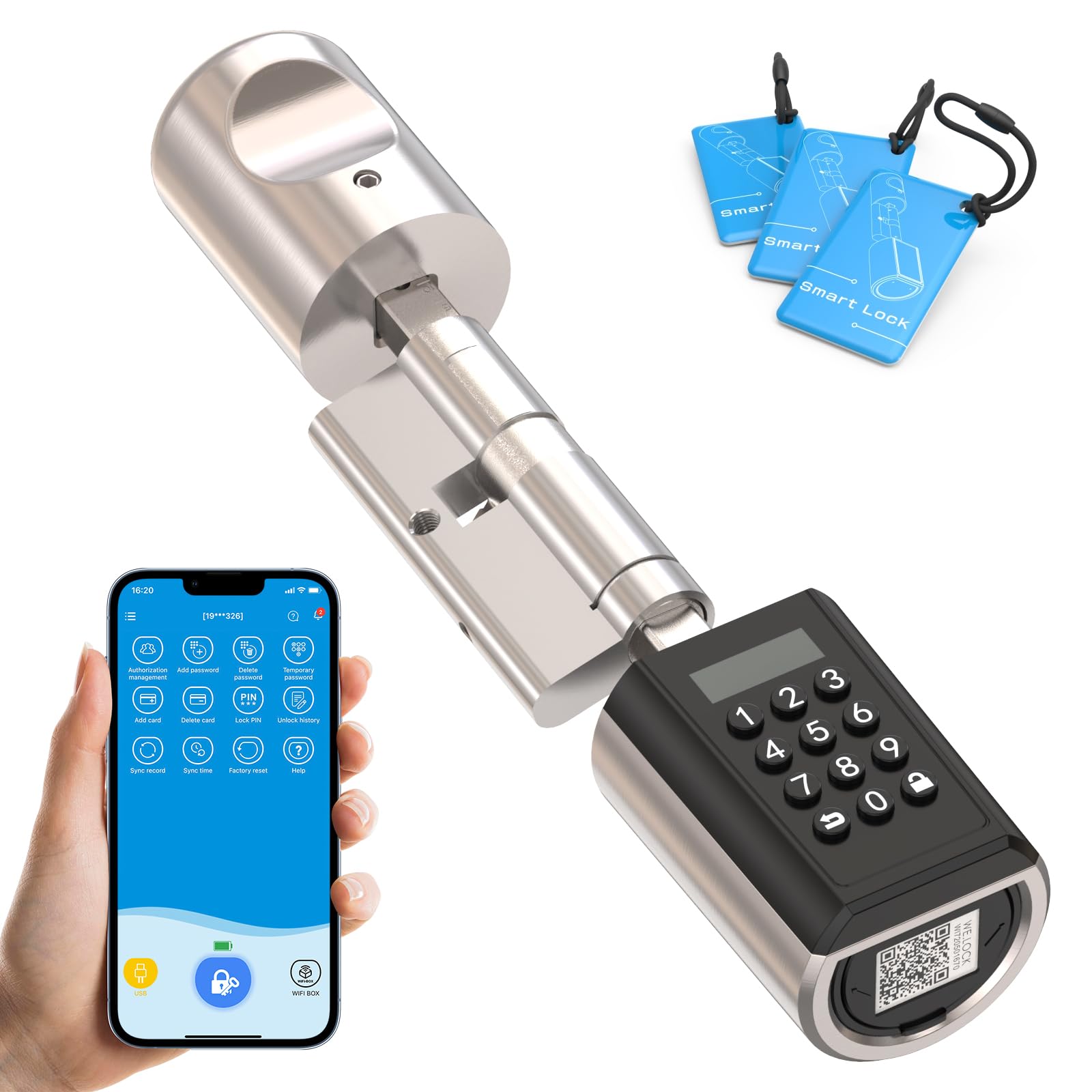 WELOCK PCB41 Elektronisches Türschloss,Smartes Türschloss | mit Passwort,RFID-Karte,APP,WiFi,Elektronisches Türschloss haustür IP65,Einstellbarer Schließzylinder für Türen von 50-100mm,