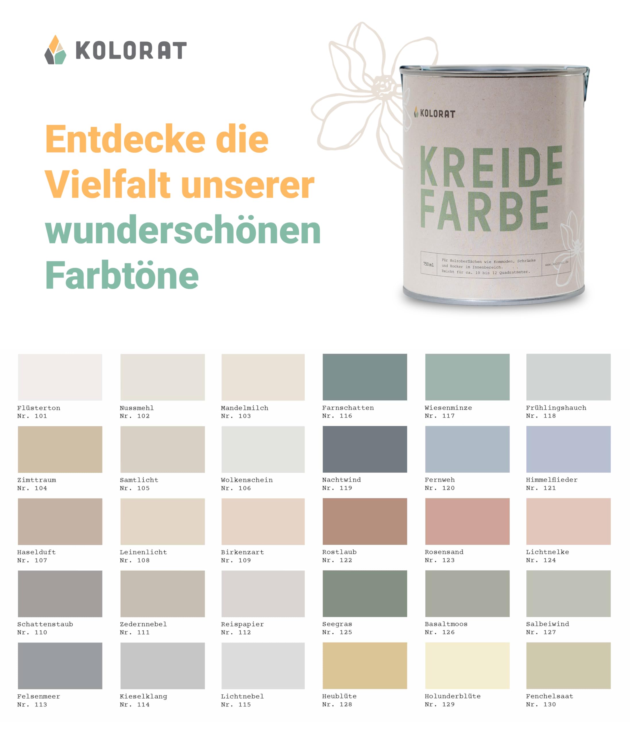 Kolorat® Kreidefarbe für Möbel weiß – 750 ml Holzfarbe – Flüsterton Nr. 101, matter Lack für Möbel innen – Hochdeckend & umweltfreundlich – DIN EN 71-3 geprüft – Made in Germany