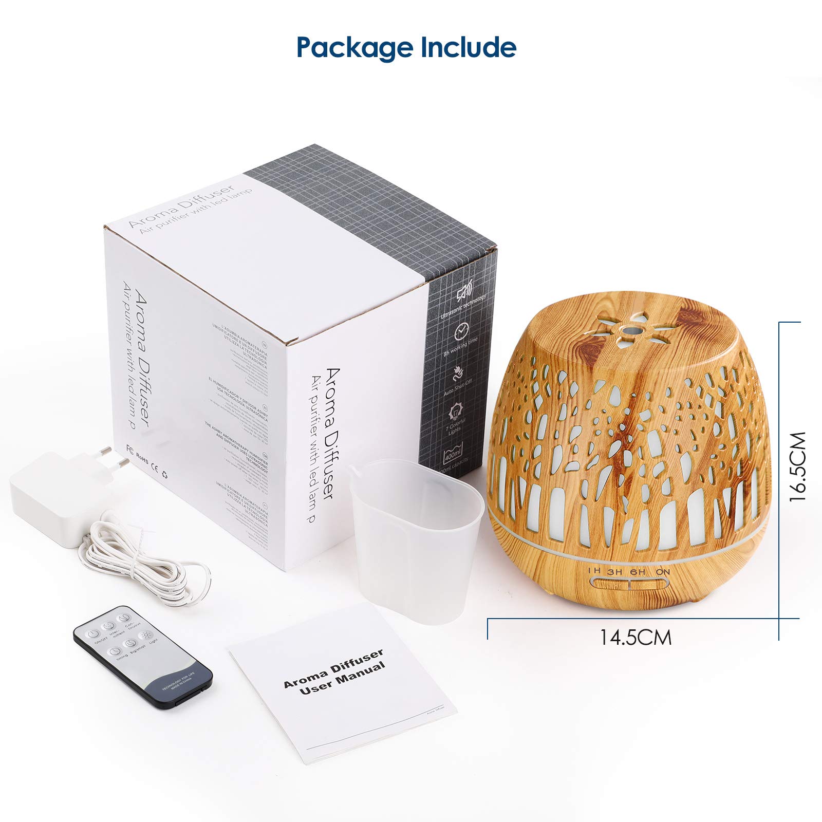 Simpeak Humidificador Ultrasónico y Difusor de Aroma 400ml, atomizador de Fragancia ultrasónico LED con Control Remoto-Bosque Tallado, Marrón Claro