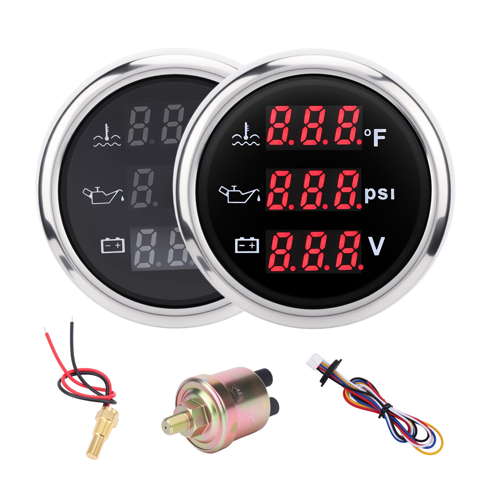 Triple Gauge Set 3in1,Water Temp (104°F-248°F), Oil Pressure (0-145PSI), Voltmeter (9-32V), AUTO Gauge with Digital Display Alarms for Cars Trucks Boats (Red)-image-23