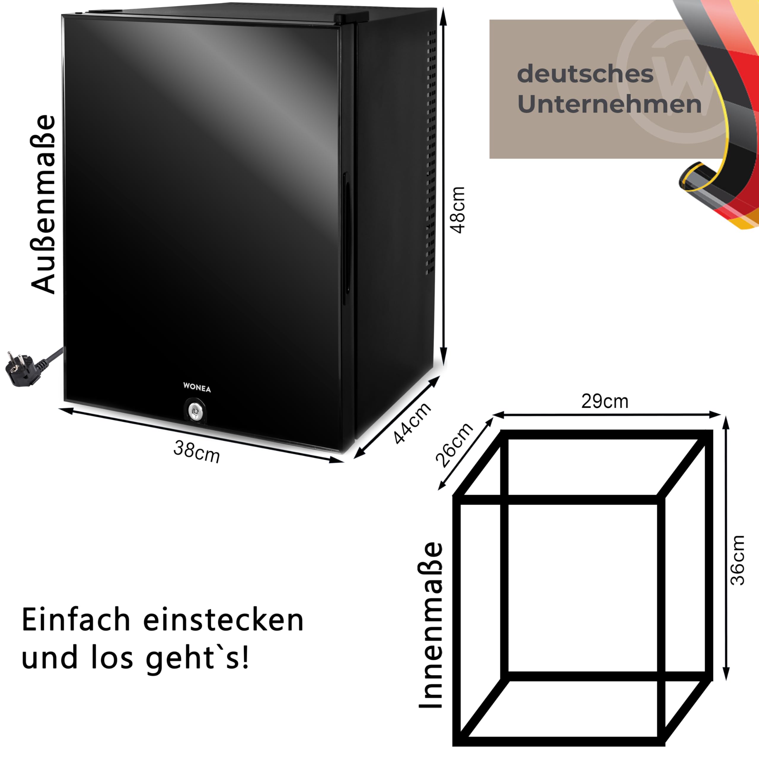 30 Liter Mini Kühlschrank LAUTLOS Minikühlschrank mit Schloss, Minibar abschließbar geräuschlos, Türanschlag wechselbar, ca. 4°-14°C Höhe 48cm, Weinkühlschrank für 11 Flaschen Temperatureinstellung