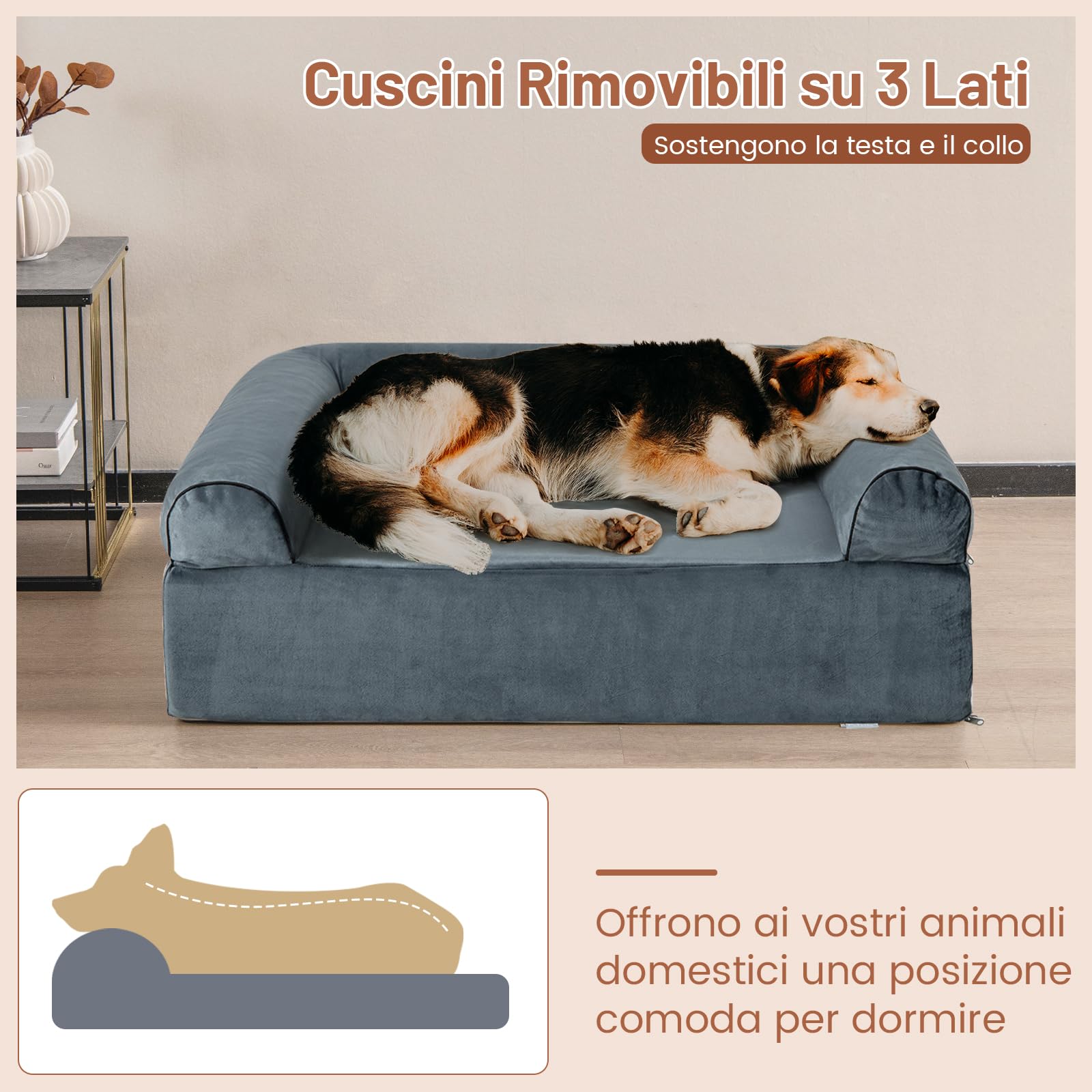 COSTWAY Letto Ortopedico per Cani, Cuccia per Animali in Schiuma di Memoria con Poggiatesta, Copertura Rimovibile e Fondo Antiscivolo per Cani Anziani, 102 x 82 x 30,5 cm