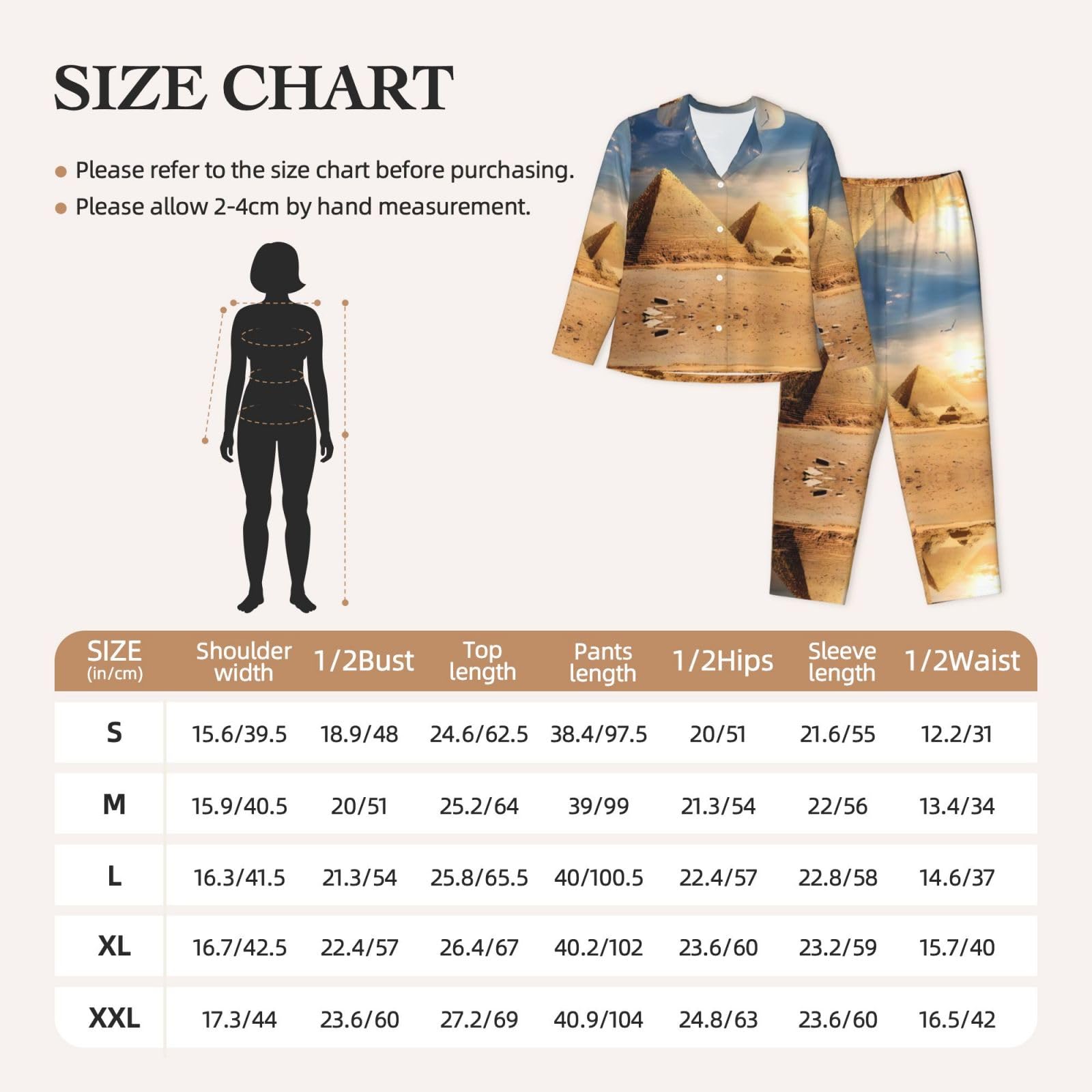 Pigiama da donna - Piramide egiziana con stampa deserto a maniche lunghe, traspirante e delicato sulla pelle, abbigliamento da casa per autunno e inverno