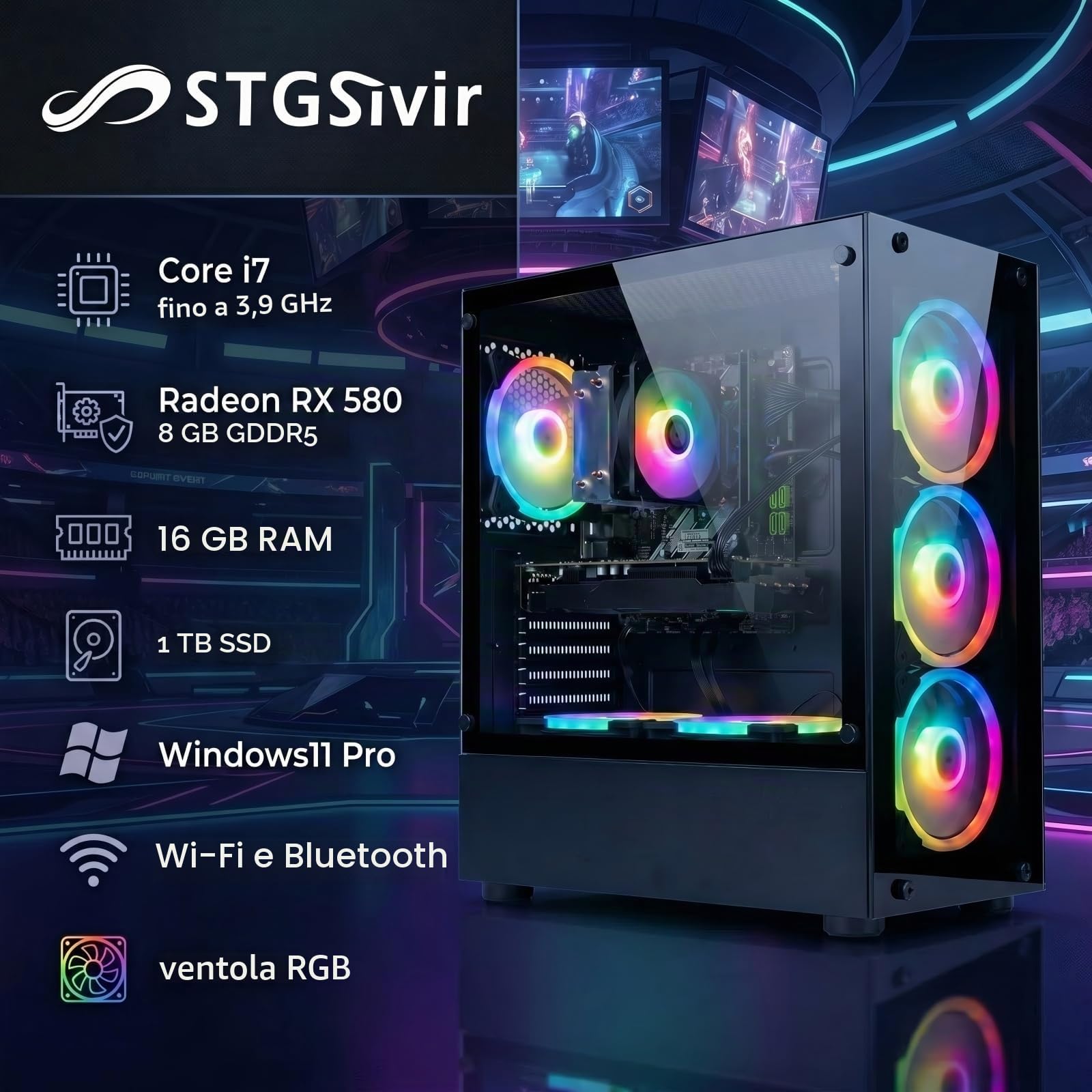 STGSivir PC Gaming Fisso, Core i7, RX 580 8G, 16G RAM, 1T SSD