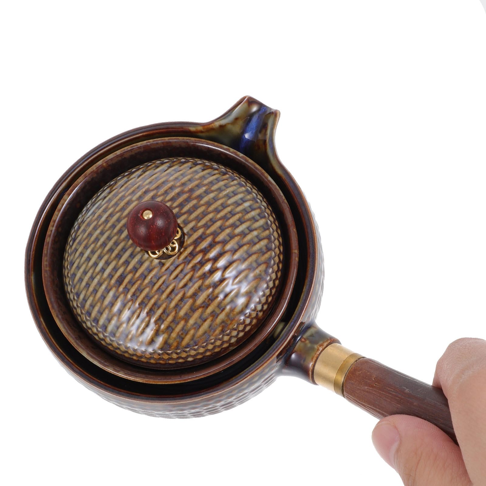 POPETPOP Tetera Cuerpo de Acero Inoxidable y Madera Marrón Cerámica Resistente al Calor Filtro Fácil de Limpiar para Hacer Té Kung Fu en Casa
