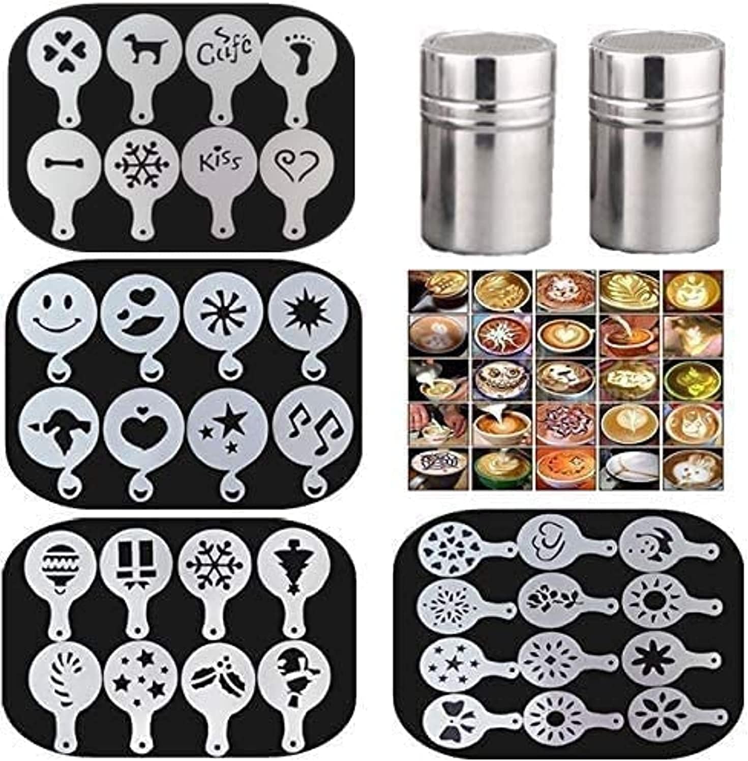 36Pcs Coffee Decorating Stencils, and 2 Stainless Steel Mesh Powder Shaker, Foam Latte Art, Reusable Stencil Painting Mold Tools, for Dessert Coffee Decorating Cappuccino Mousse Hot Chocolate