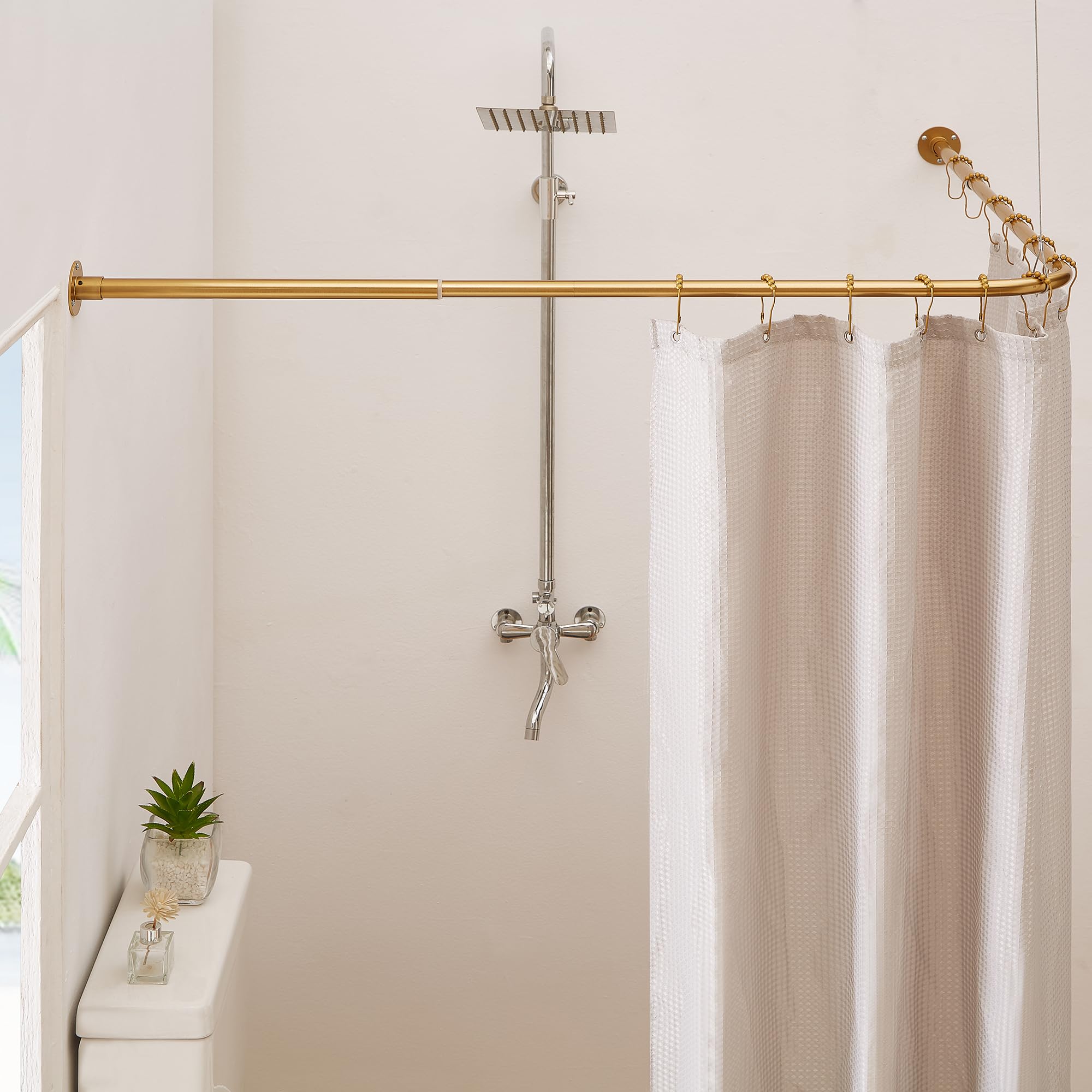 Crkmire Gold Corner Shower Curtain Rod, [24"-53"] x [24"-53"] Adjustable L Shaped Shower Rod No-Sagging 90 Degree Curved Curtain Rod for Bathroom Bathtub with 12 Ring Hooks & Ceiling Support