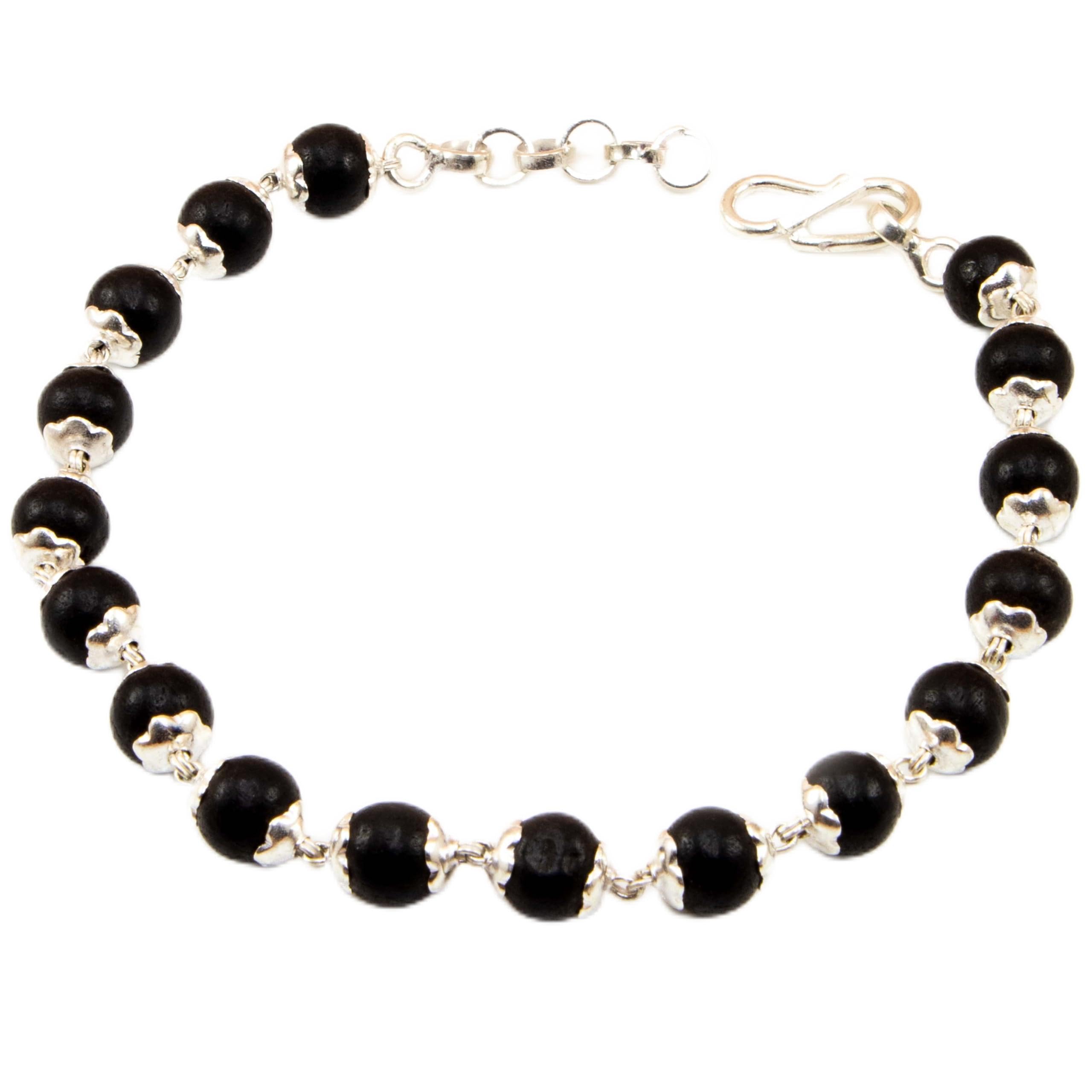 925 Silver Karungali Bracelet for Men and Women | Natural Karungali Beads 7.00 MM Size with Silver Capping | Ebony Wood Beads Bracelet in Silver | Including Length Extension Chain
