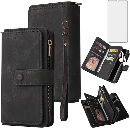 Asuwish Funda de teléfono para Samsung Galaxy A20 A30 con protector de pantalla de vidrio templado y correa de muñeca de cuero con tapa para tarjeta