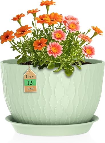 WSMKSZ 12 Inch Large Plant Pots for Indoor or Outdoor Plants, Wide Water Ripples Flower Pots with Drainage Holes & Saucer, Plastic Planters Set for Garden & Home Decor (Green)