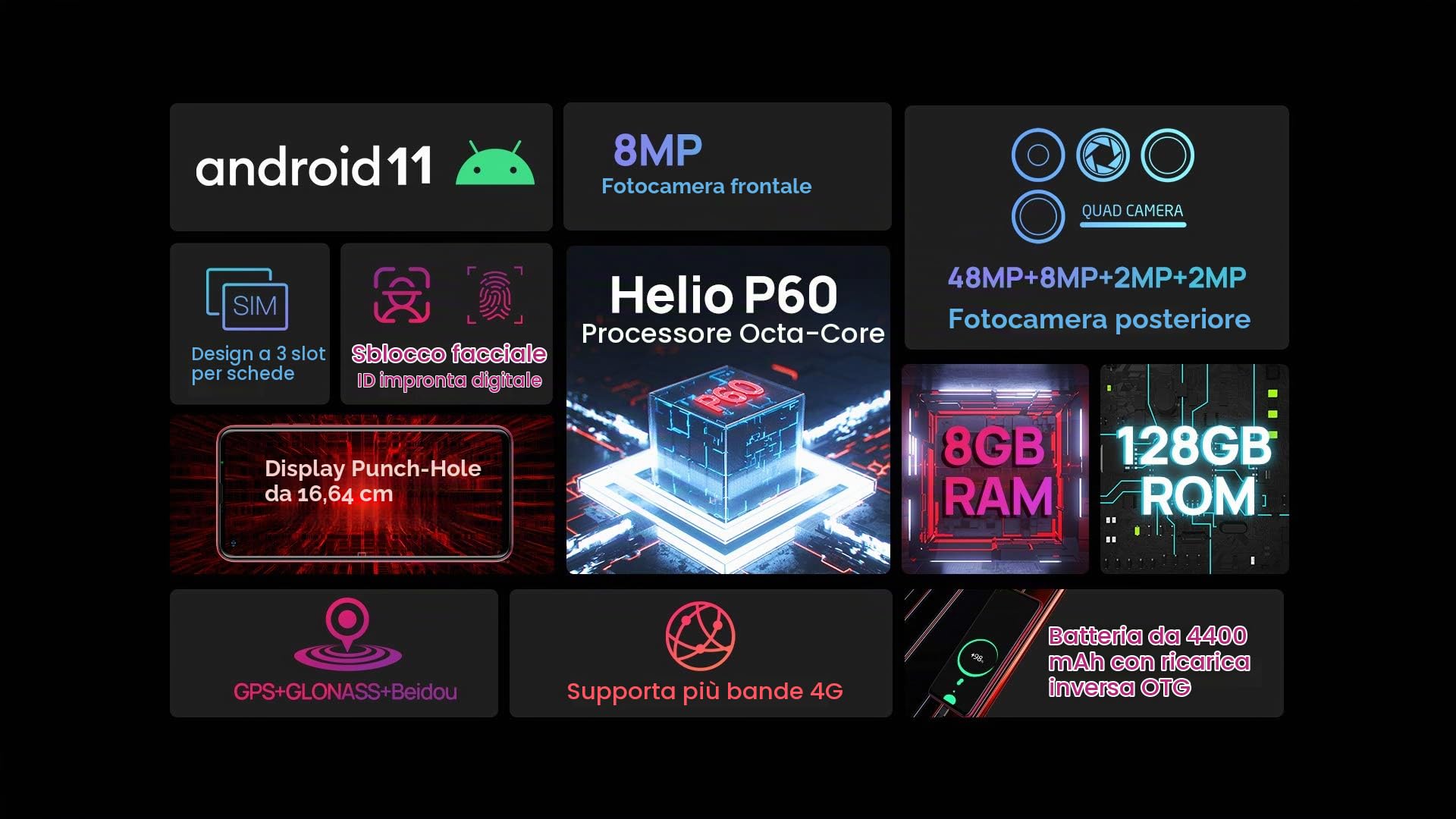 Ulefone Android 11 Smartphone Offerta, NOTE 11P 4G Cellulare, Helio P60 Octa-core 8GB+128GB, DUAL SIM+Dedicata SD Estensione 2TB, Fotocamera Quattro 48MP, Impronta Digitale,Schermo HD+ 6,55’’,Nero