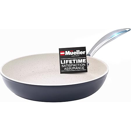 Mueller HealthyStone 12-Inch Fry Pan, Heavy Duty Non-Stick German Stone Coating Cookware, Aluminum Body, Even Heat Distribution, No PFOA or APEO, EverCool Stainless Steel Handle, Grey
