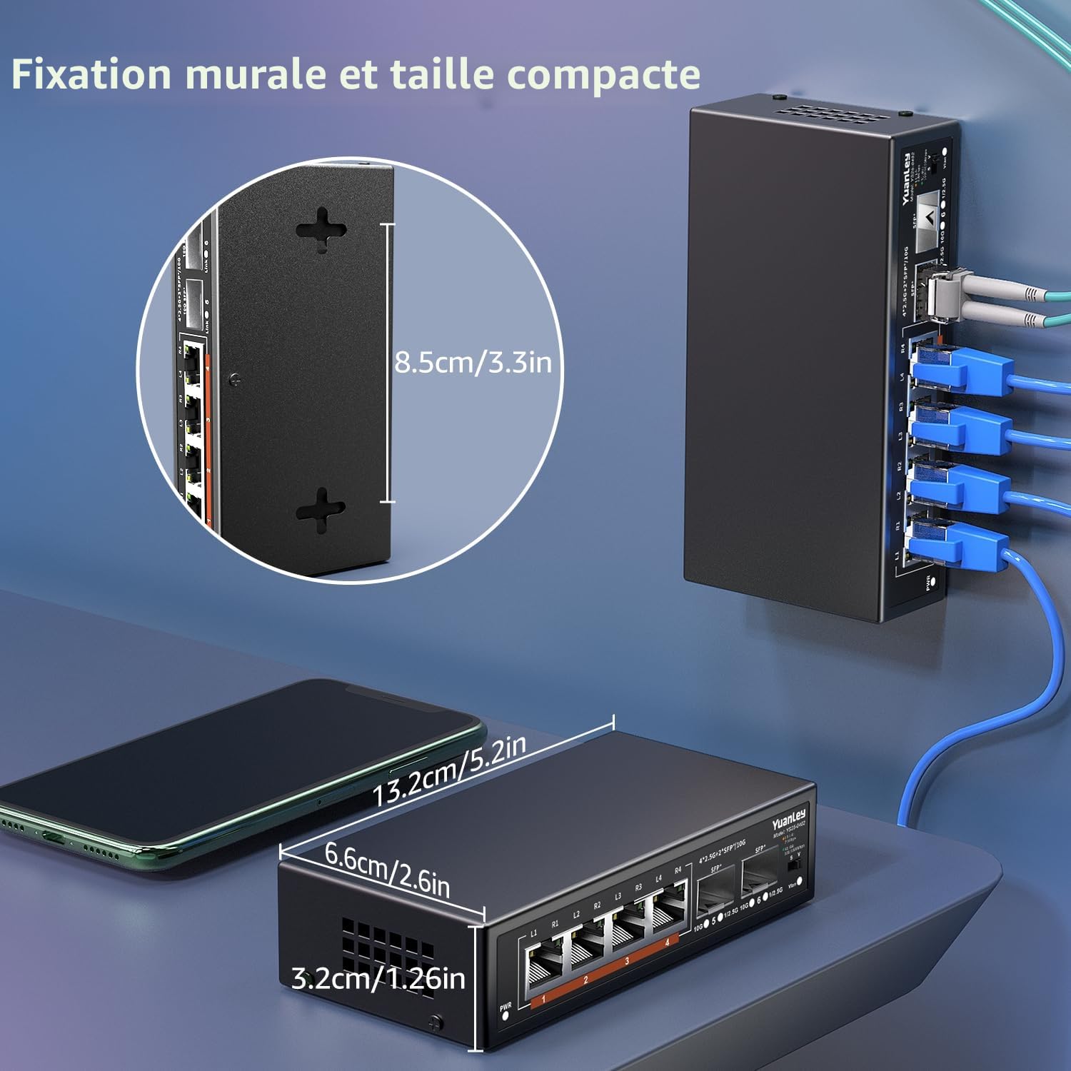 6 Port 2.5G Switch Ethernet Umanaged, 4 x 2.5G Base-T Ports, 2 x 10G SFP, Métal, sans Ventilateur, Commutateur Réseau YuanLey 10/100/1000M/2.5Gbe pour AP sans Fil, NAS, PC, Montage Mural
