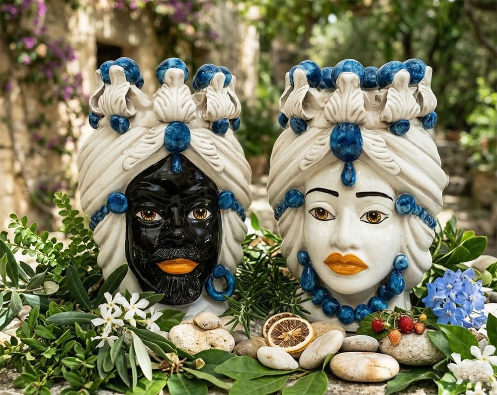 Têtes de moro Caltagirone bleu céramique sicilienne | Vase d'art italien chargé d'histoire