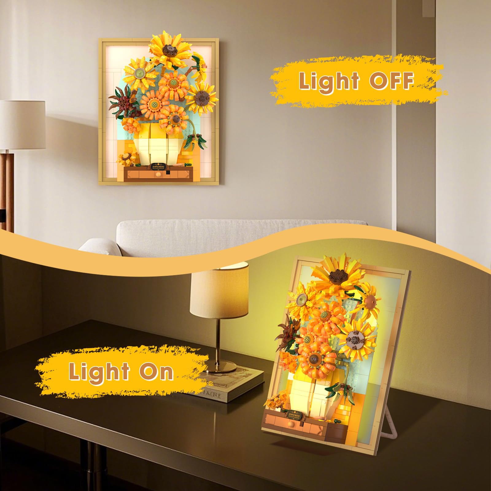 Brihappen Sunflower Art Building Set including Light, Van Gogh Painting Wall Room Decor, Flowers Plant Building Blocks Set - Image 3