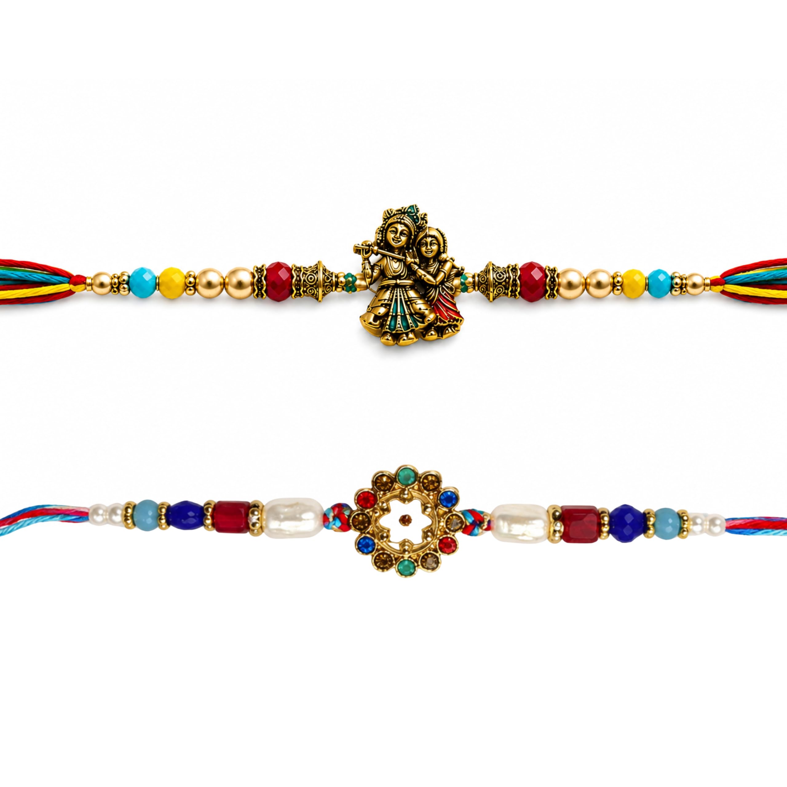Shreeji Creations Radha Krishna Pendant and Muticolor Floral Rakhi Combo Set of 2