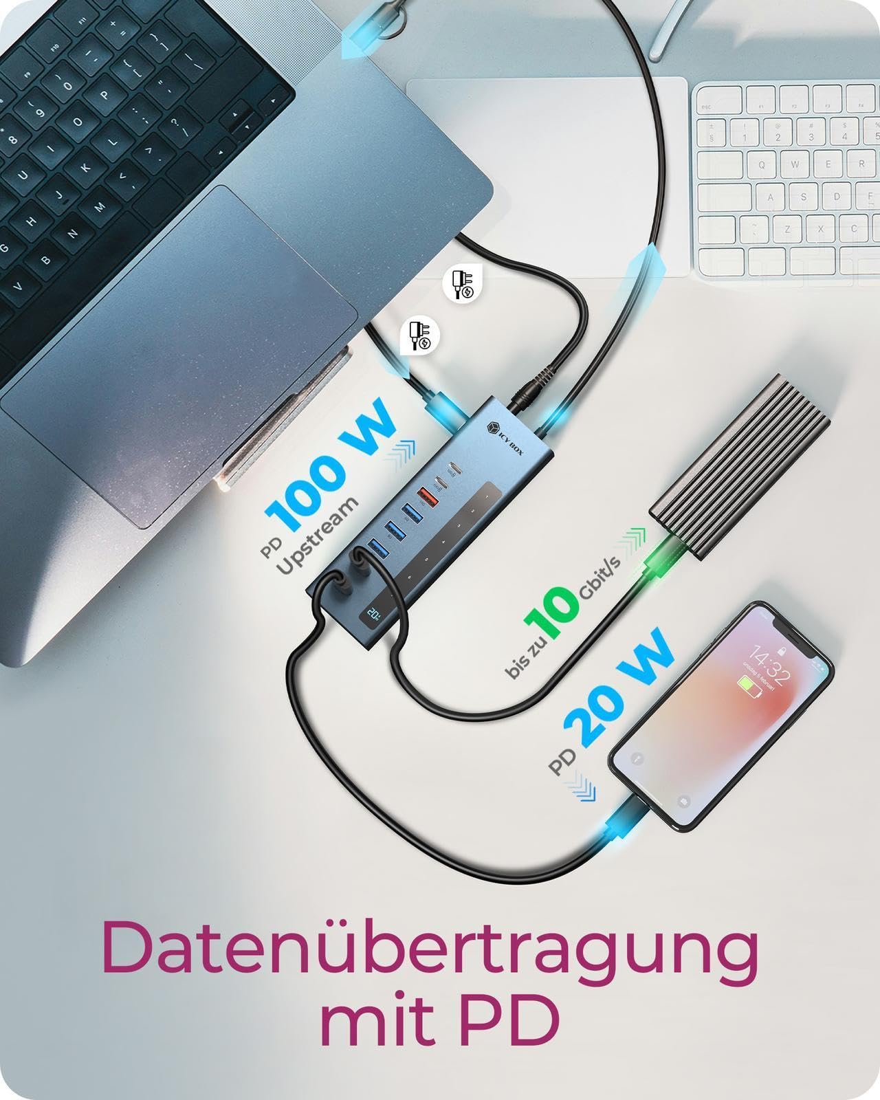 ICY Box, Hub USB C/A 9 in 1, 2 X USB-C & 4 X USB-A, 10 Gbit/s, 100 W PD, 20 W, porta di ricarica in alluminio, adattatore di alimentazione 12 V/4 A, IB-HUB1743-CPD