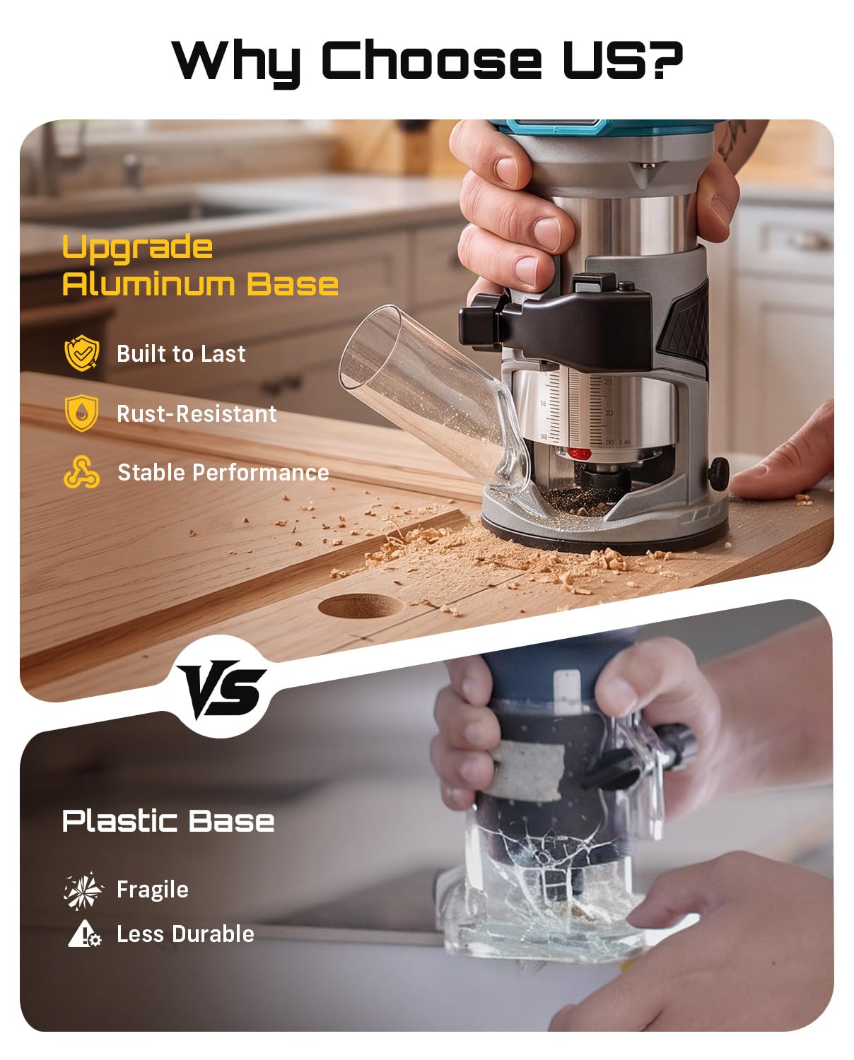 SEESII Fresadora Para Madera, 33000RPM motor sin escobillas | fresadora a batería con 2 baterías de 4,0 Ah,Base de Aluminio, Indicador LED, fresa de 1/4", para trabajar la madera