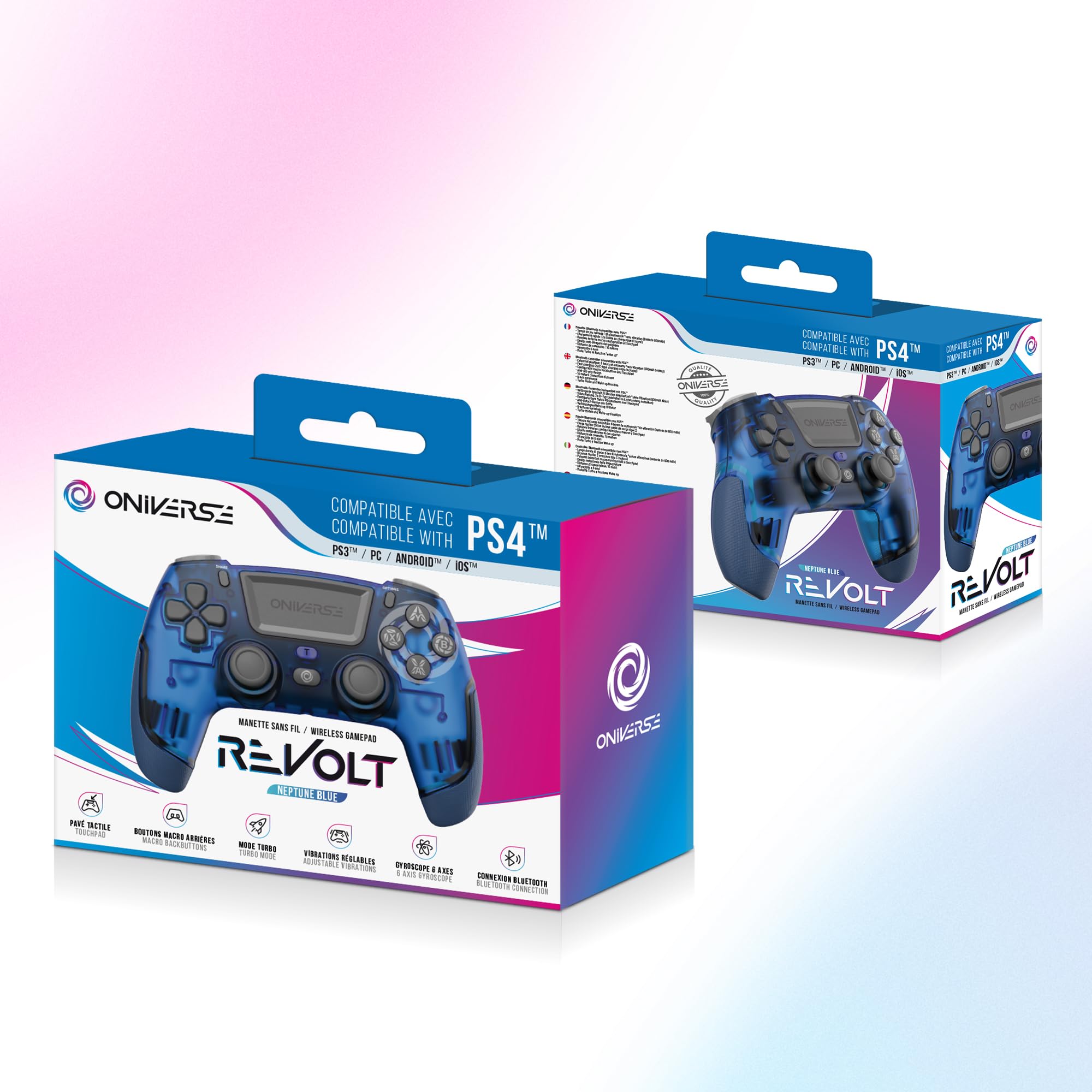 Oniverse Manette PS4 PS3 PC ANDROID iOS, sans fil, Sortie Casque Stéréo, Vibrations réglables, Pavé tactile, boutons macro, mode Turbo, Wake up, Gyroscope 6 axes, Revolt (Neptune Blue/Bleu)