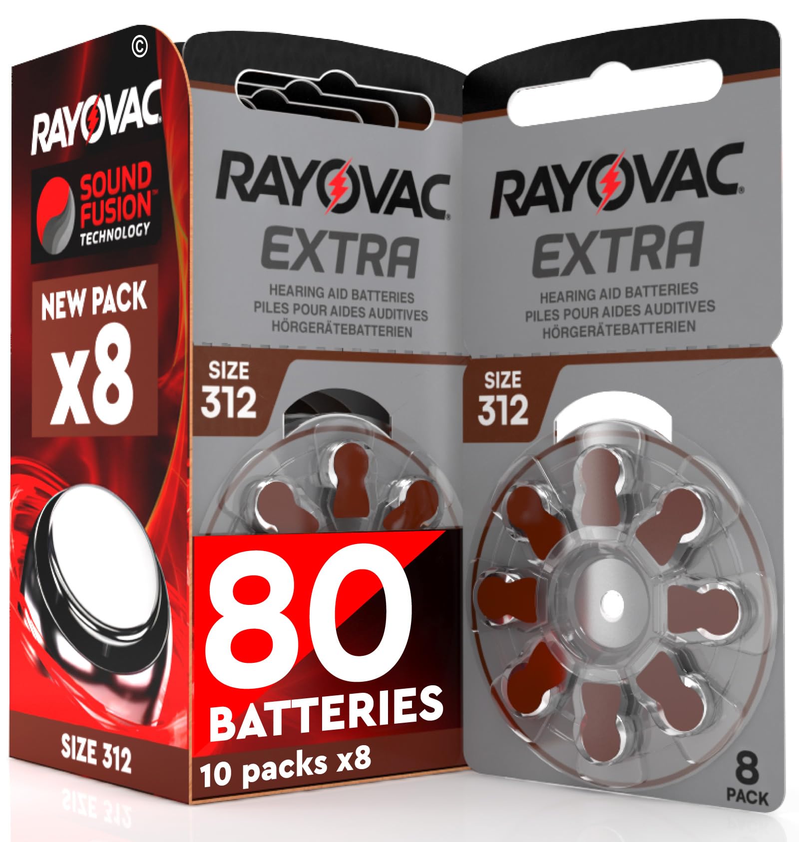 80 Hearing Aid Batteries Size 312 Rayovac Extra PR41 (Brown) Zinc-Air with Sound Fusion Technology - 10 Blisters of 8 Batteries