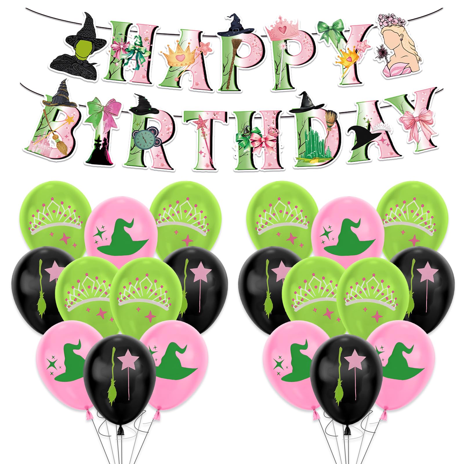 19Pcs Cute Witch Birthday Decorations, 1Pcs Happy Birthday Banner and 18Pcs Balloons, Pink&Green Party Latex Balloons For Kids Girls Party Decoration Supplies