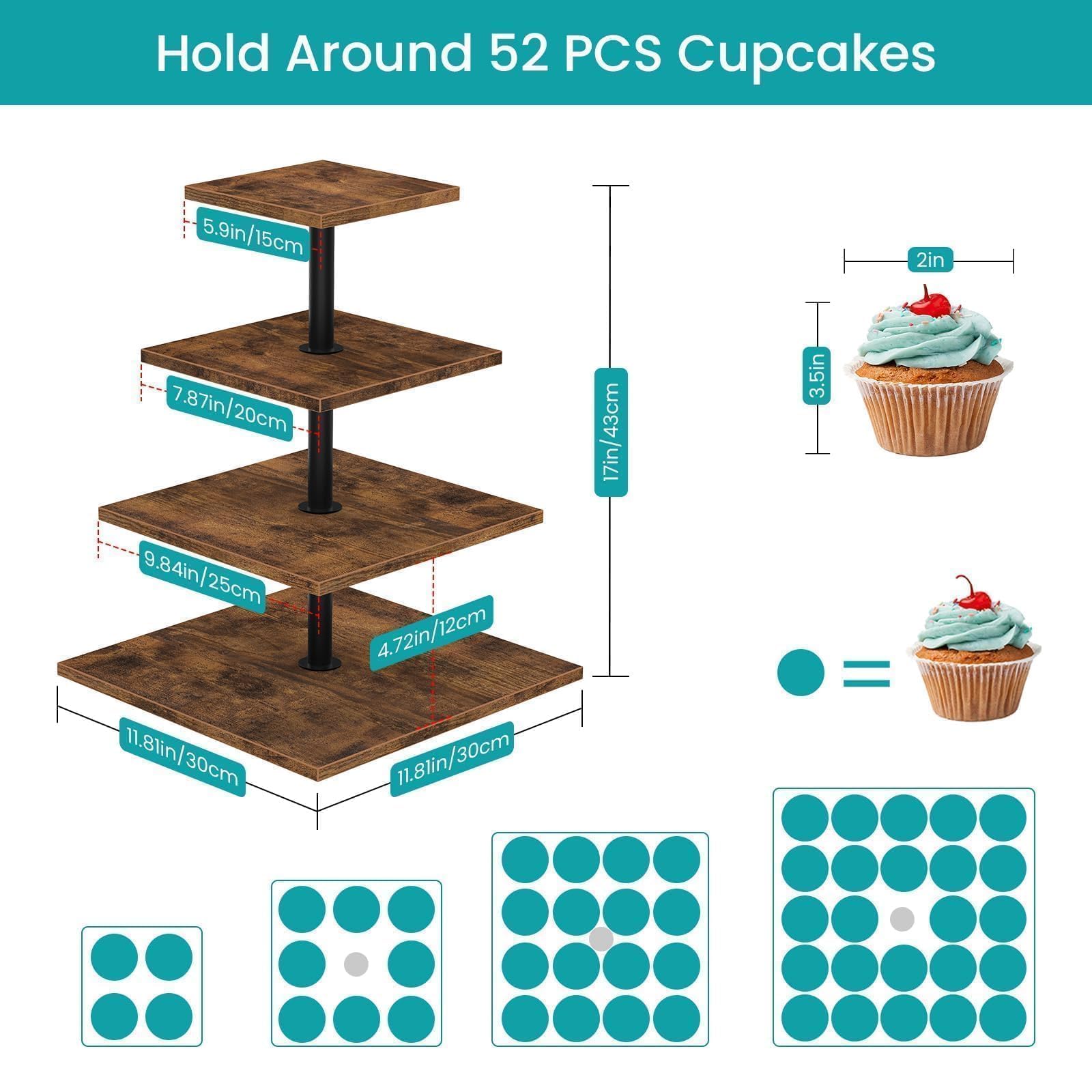 4-stöckige Etagere Holz Tortenständer | Cupcake Ständer & Servierständer für Desserts, Gebäck & Obst | Rustikaler Kuchenständer für Hochzeit, Party & Küche | Stabiles Design mit Metallrahmen