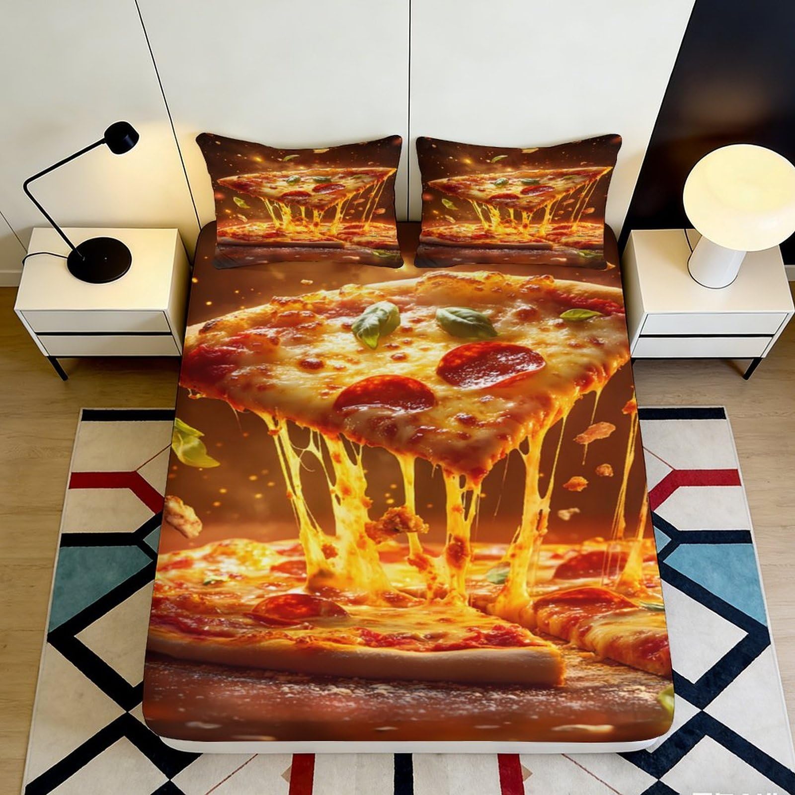 3D Printed Pizza Slice Fitted Sheet Microfiber Soft Breathable Cheese Melt Bed Cover for Bedroom Dorm Mattress Protection Decor 90x200x25cm