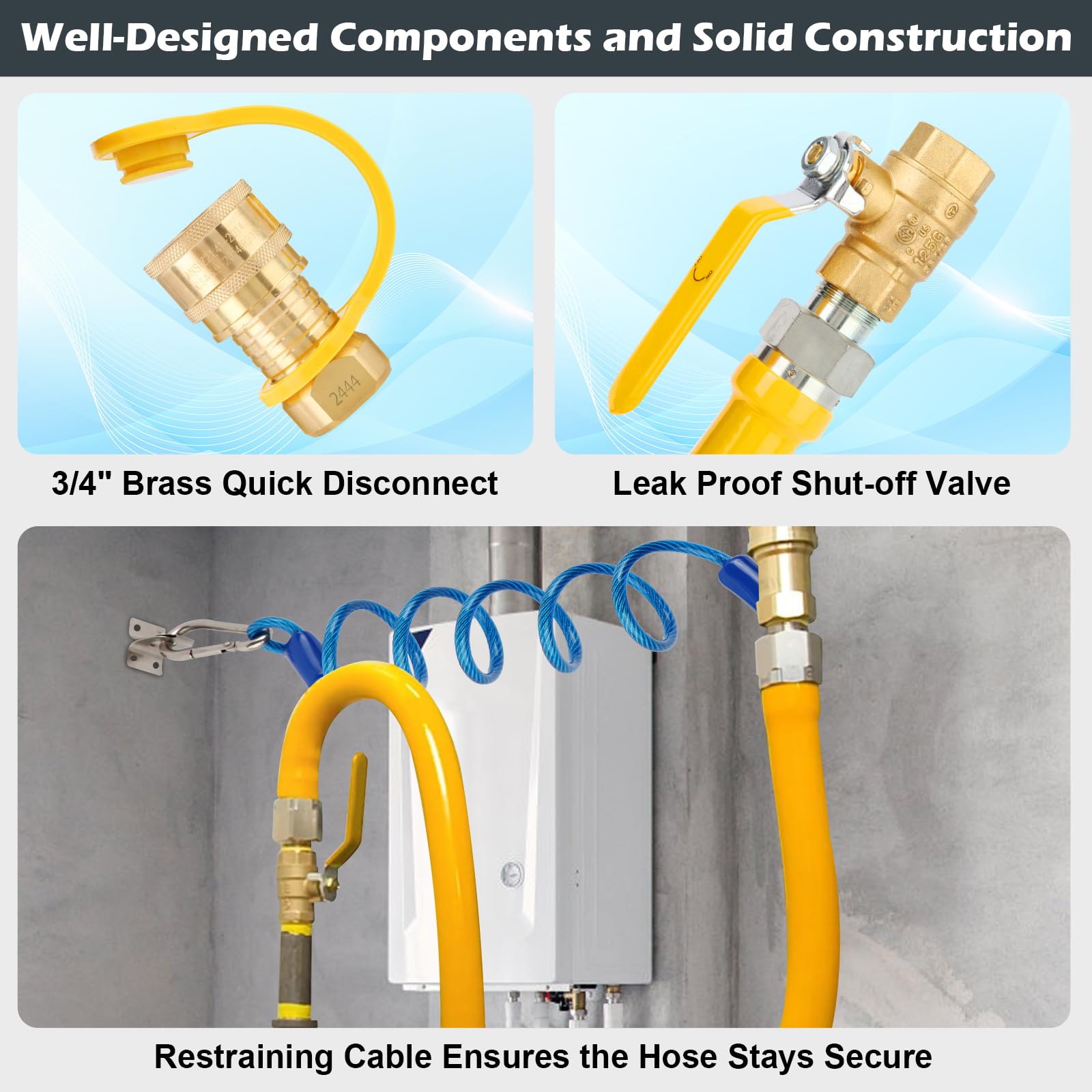 Wayona Manguera de gas de 3/4 pulgadas con accesorios de conexión rápida, kit de conector de línea flexible de gas de 48 pulgadas, kit de sistema de seguridad 1675kit48, manguera de línea de gas