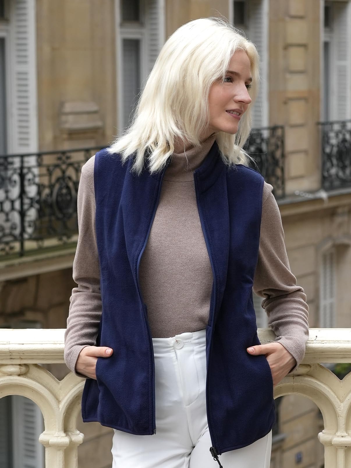fuinloth Gilet in pile da donna,Termico Senza Maniche Elegante Collare Eretto con Zip e Tasca
