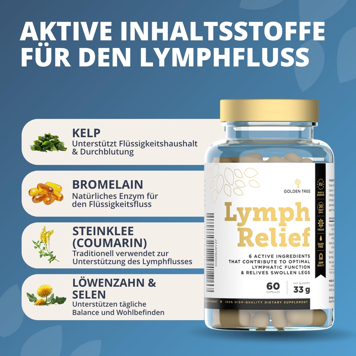 Golden Tree Lymph Relief Kapseln, 60 Stück | Unterstützung des Lymphsystems, Echinacea, Löwenzahnextrakt, Steinklee, Bromelain, Jod & Selen