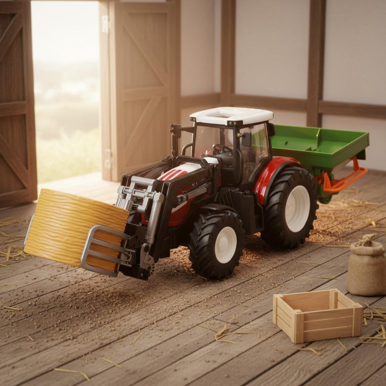 Gralara Tractor Teledirigido Infantil Vehículo Agrícola Camión Granja Remolque con Brazo Frontal y Funciones y Marcha Atrás para Tareas de Granja Simuladas, Verde