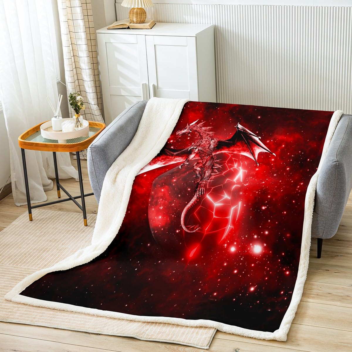 Loussiesd Galaxy Dragon Sherpa Blanket Chic Outer Space Starry Sky Fleece Throw Blanket Jungle Animals Dragon Fuzzy Blanket for Bed Soft Children Bedroom Decor Red Black Plush Blanket Baby 30"x40" — image 1