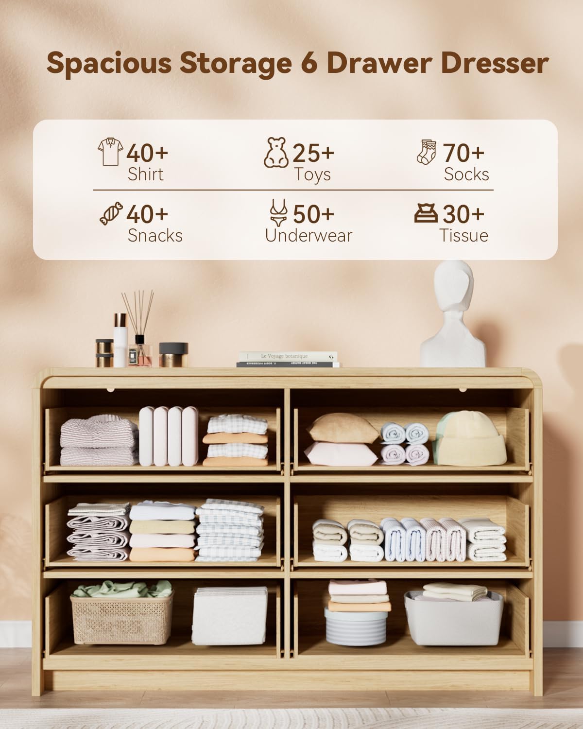 Fluted 6 Drawer Dresser, 47” Wide Wooden Storage Chest with Rounded Curved Corners and Gold Handles, Natural Oak Wood Dresser for Bedroom, Living Room, Hallway