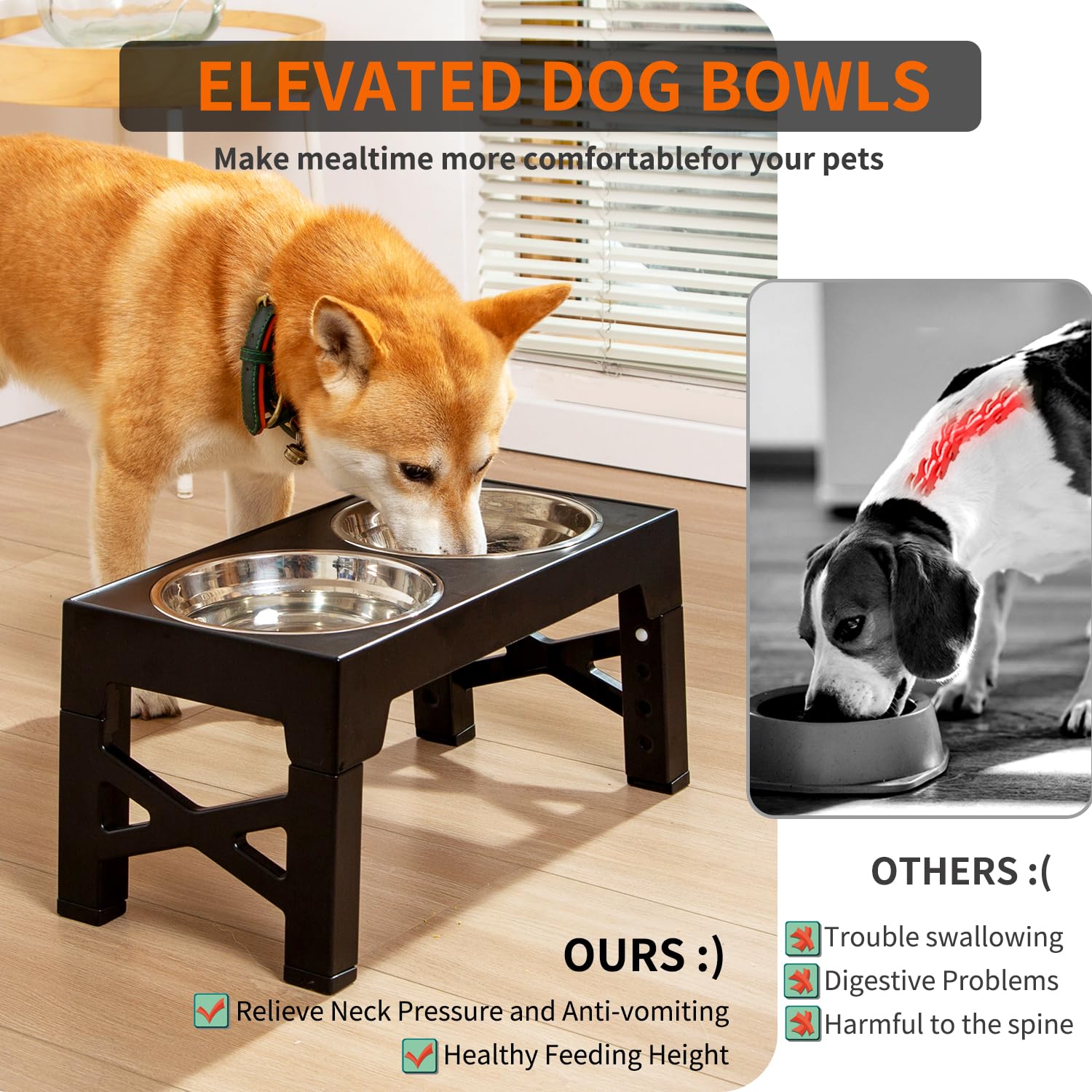 FOREYY Comedero y Bebedero Elevado Ajustable Con 2 Cuencos de Acero Inoxidable 1200ML, 5 Alturas, Antideslizante Para Perros Medianos y Grandes, Negro