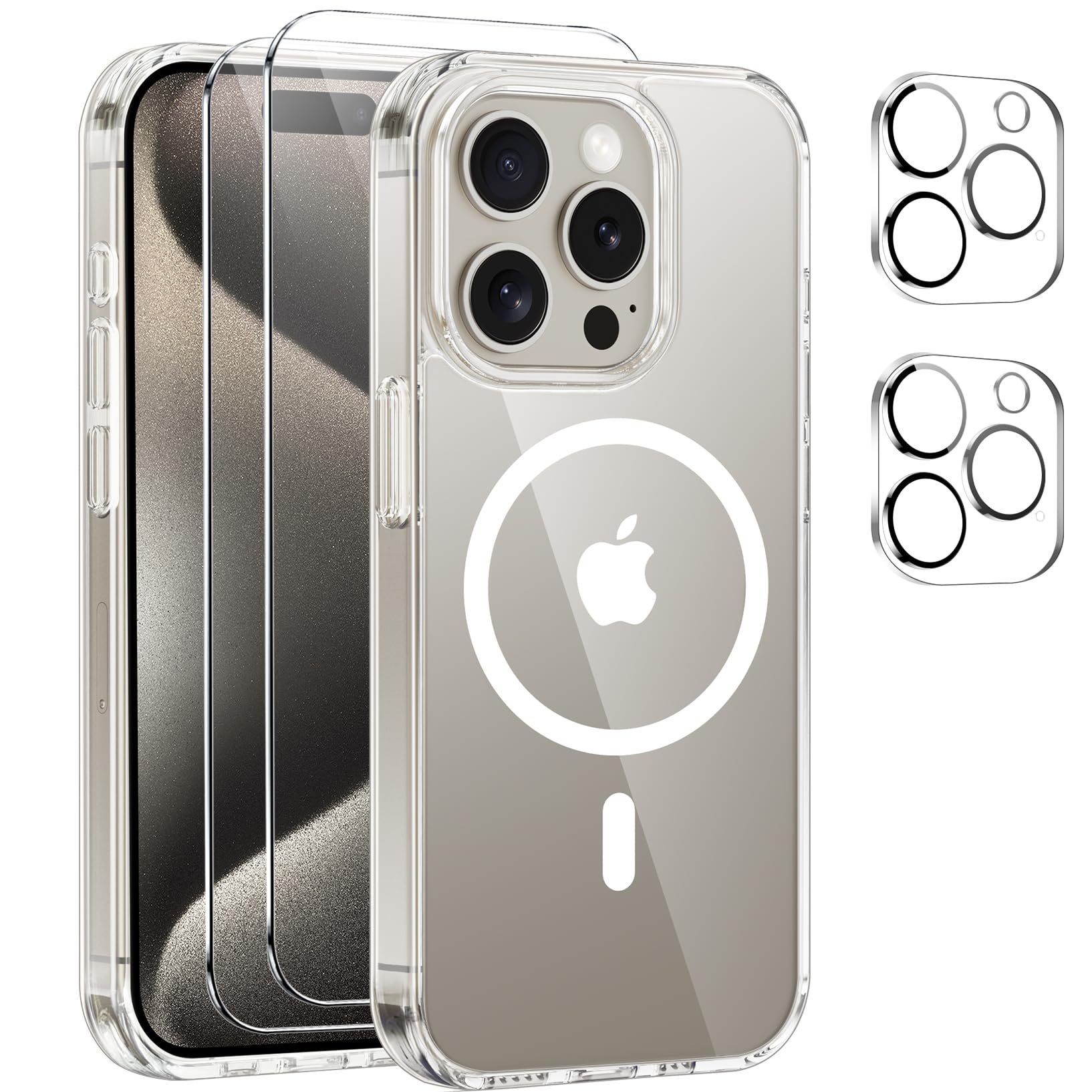 Magnetic Cover per iPhone 15 Pro Max Compatibile con 2 vetri temperati e 2 vetri per fotocamera, Trasparente TPU Bumper Shockproof Compatible Magnetic Cover per iPhone 15 Pro Max - Trasparente