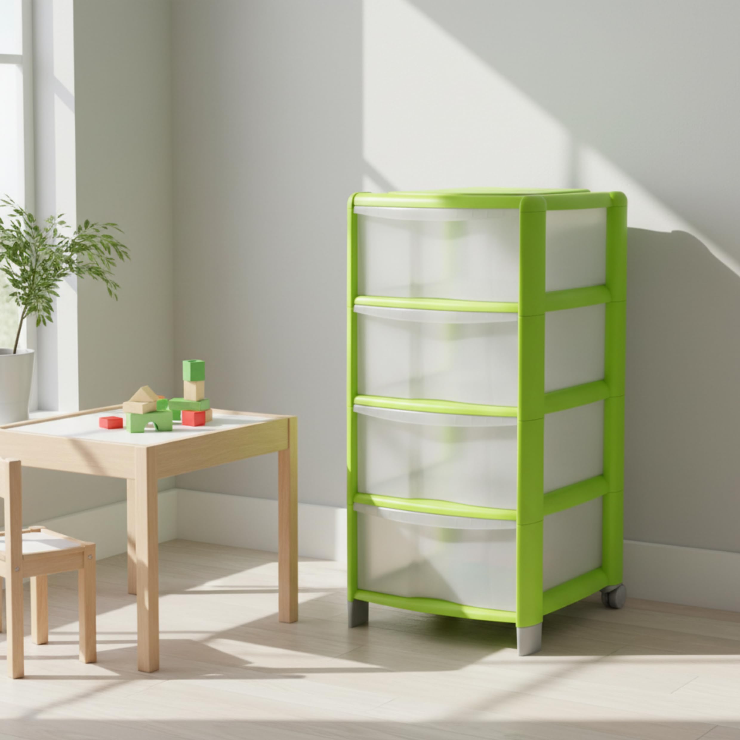 Cassettiera a 4 Cassetti Alta Design Moderno Multiuso con Piedini e Ruote Color Trasparente/Lime da Bagno,Ufficio,Camera,Ripostiglio 38,5x39,5xH86cm