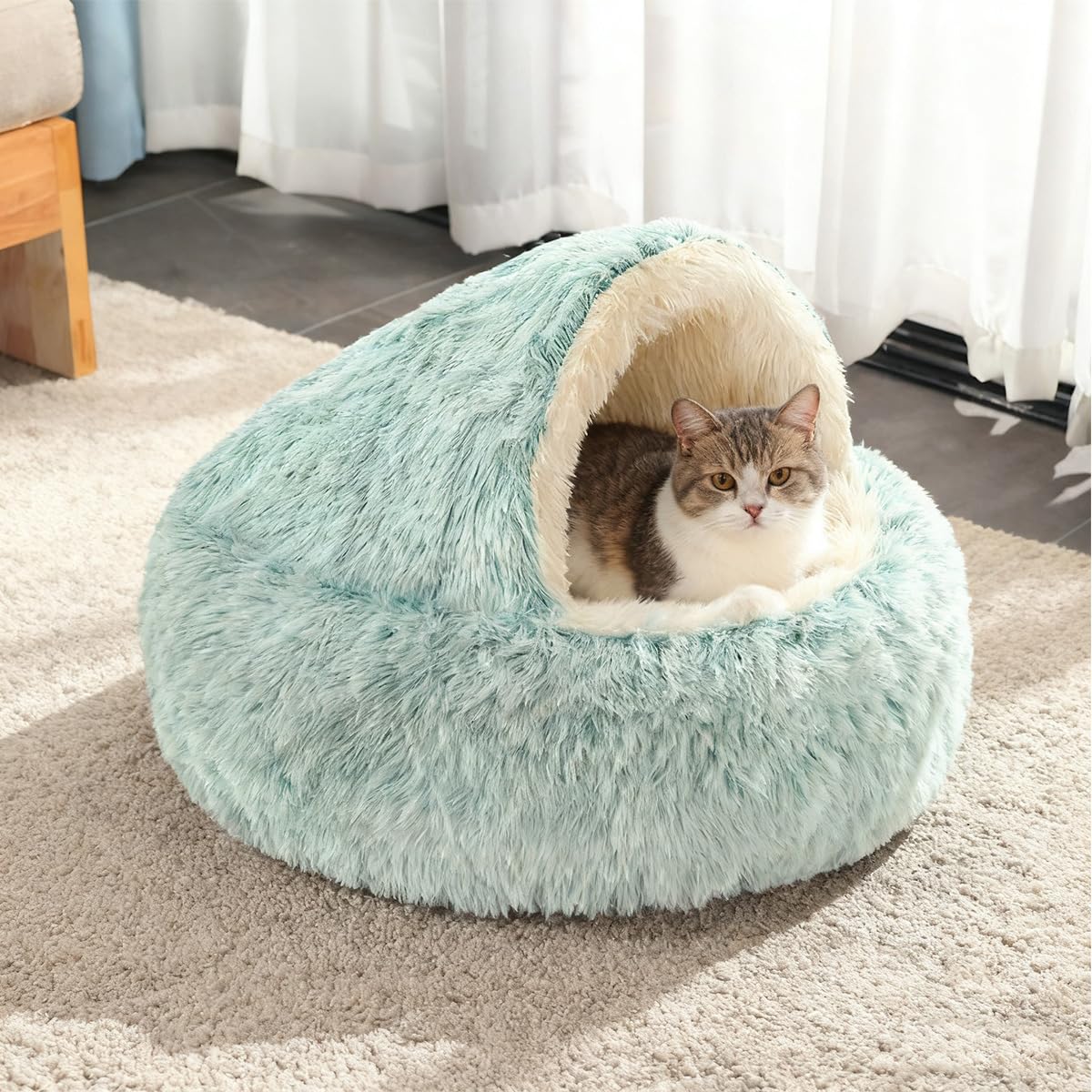 Cat Cave Bed, Calming Dog Bed Fluffy Plush Large Pet House, Warm Medium Kitten Puppy Indoor Tent Igloo, Hooded Semi-closed Washable Small Cats Nest Kennel (Green,80cm)