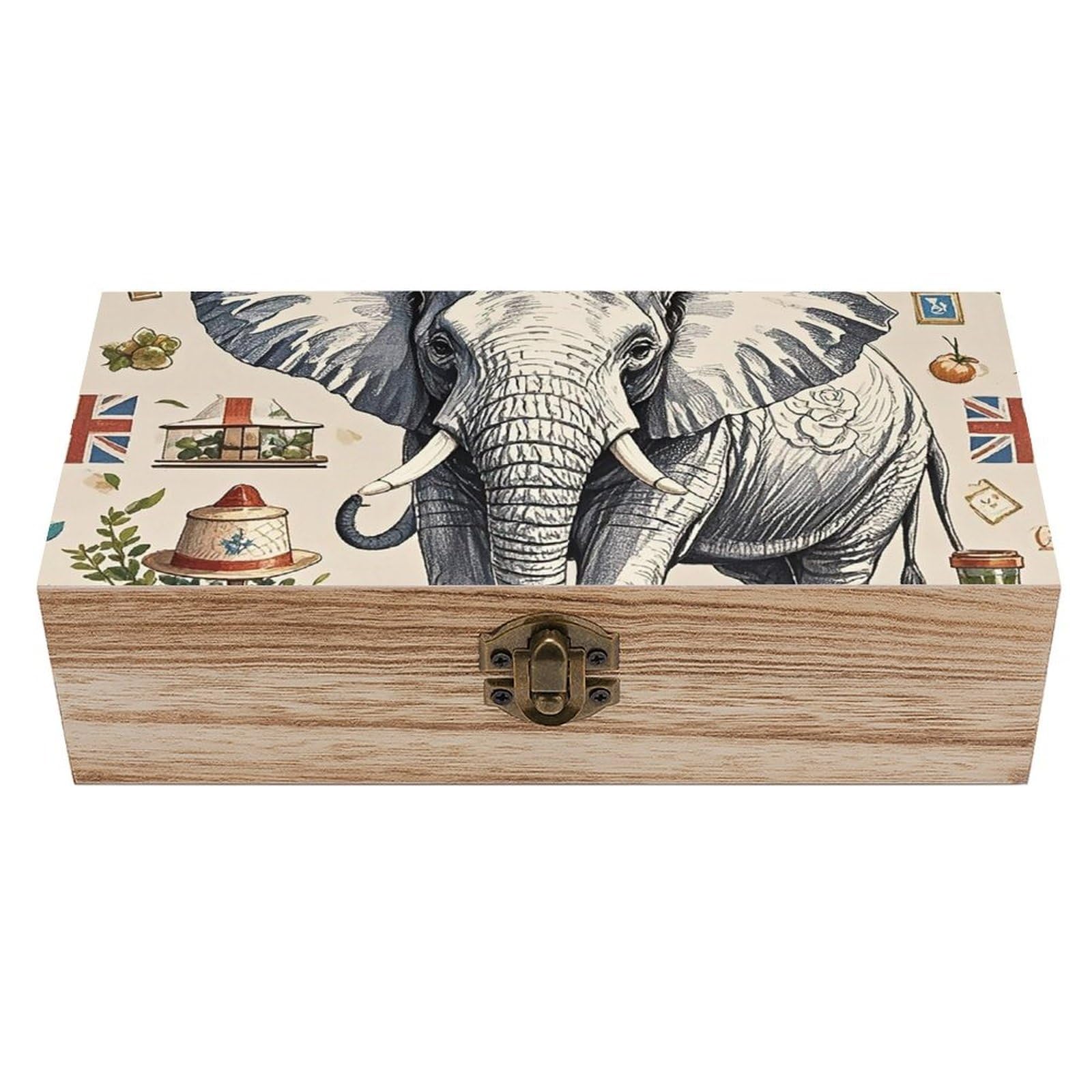 Oudrspo Hand Drawn Elephant Wooden Keepsake Box Decorative Memory Storage Box with Hinged Lid Small Jewelry Keepsake Boxes for Storing Gift Pictures Letters Time Capsule