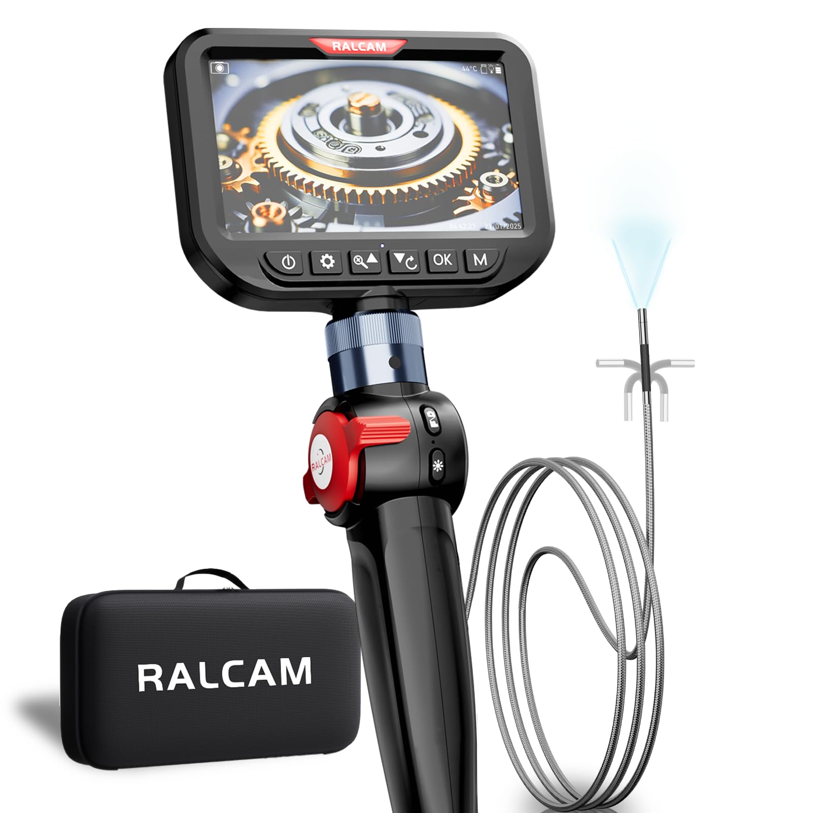 Ralcam Cámara Endoscópica con Luz, Cabezal Giratorio de 210°, Sonda de 3.9 mm, Pantalla HD de 5", IP67 Impermeable, Cable de Acero 1,5 m, Cámara de Inspección para Coche, Tuberías y Hogar