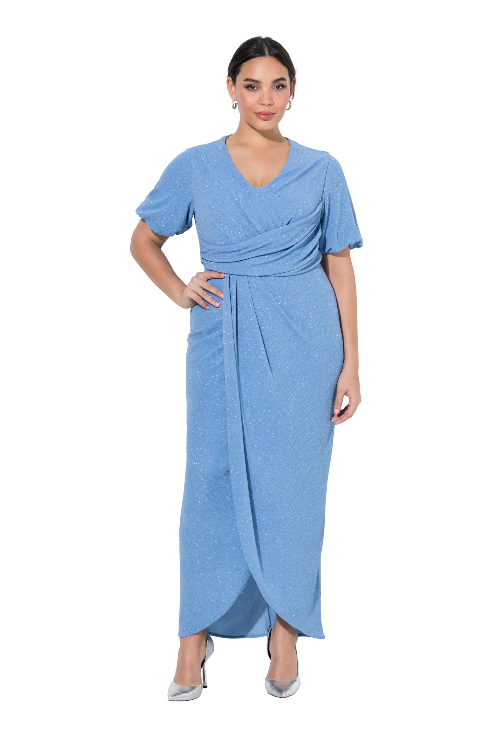 Ulla Popken Damen große Größen Übergrößen Plus Size Maxikleid, Wickeloptik, V-Ausschnitt, Ballon-Halbarm 847864